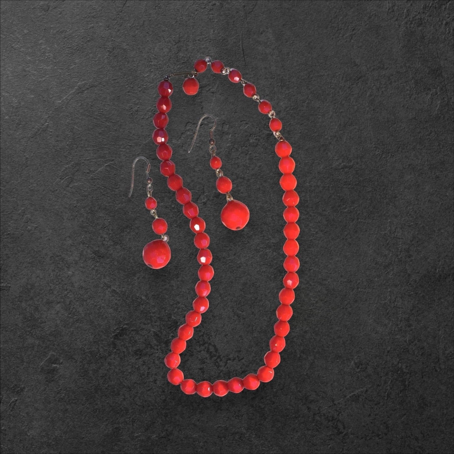 Vintage Opaque Cherry Red Faceted Glass Necklace & Dangle Earrings Set Set - GlamGram NYC