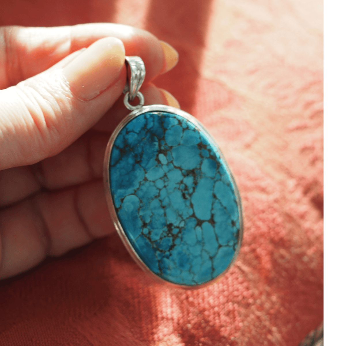 Vintage Sterling Silver Turquoise Statement Pendant with Spiderweb Matrix Pendant - GlamGram NYC