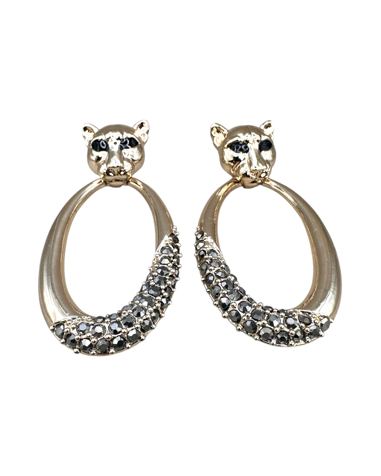 Panther Door Knocker Earrings, Gold-Tone Hoop with Gunmetal Crystals
