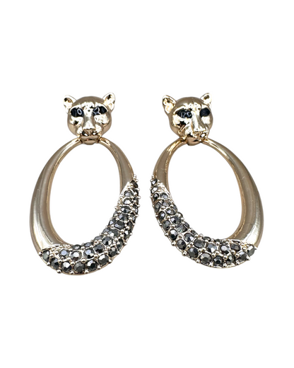 Panther Door Knocker Earrings, Gold-Tone Hoop with Gunmetal Crystals