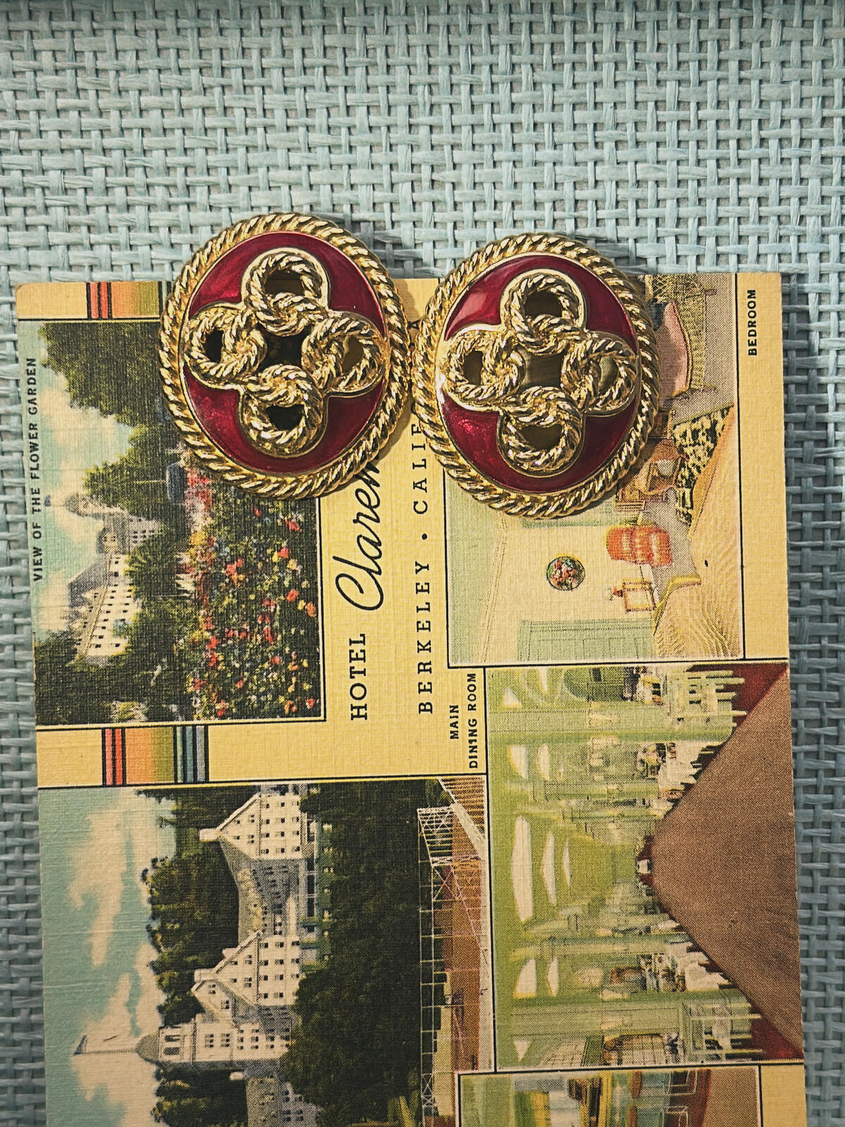 Vintage Trifari Gold and Red Enamel Clip-On Earrings – Intricate Twisted Knot Statement Earrings