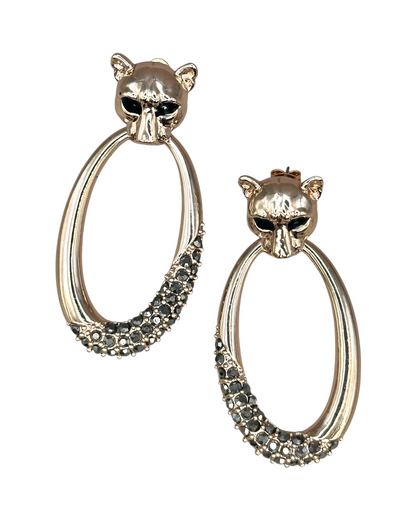 Panther Door Knocker Earrings, Gold-Tone Hoop with Gunmetal Crystals
