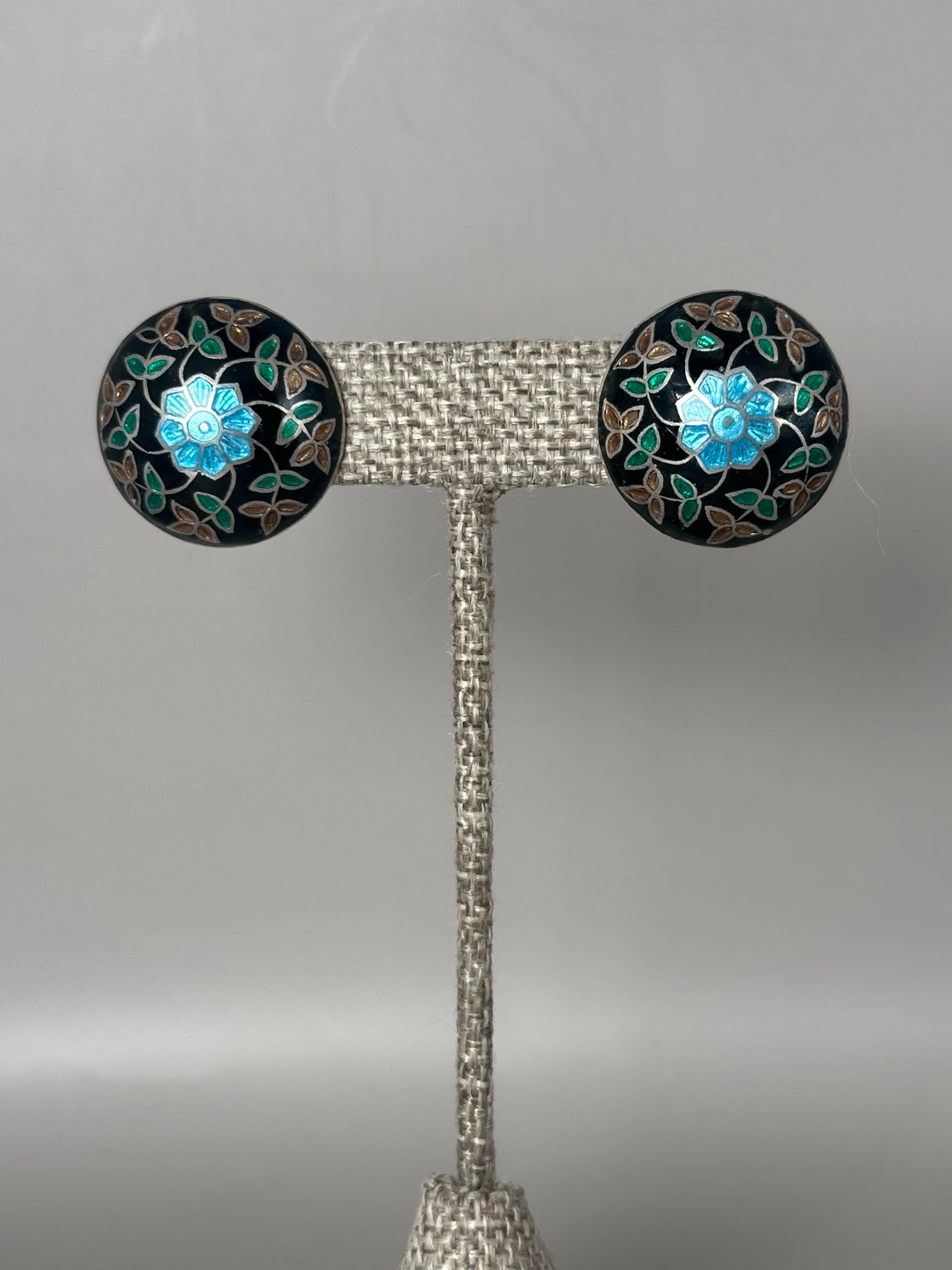 Vintage sterling silver black enamel floral dome stud earrings pair