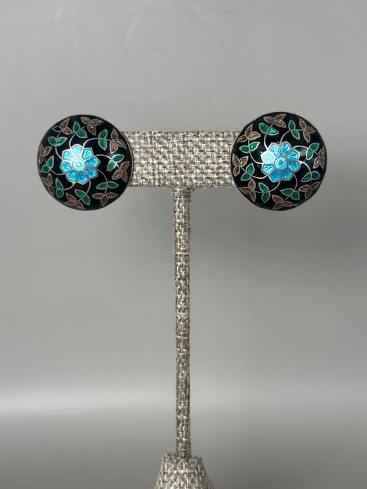 Vintage sterling silver black enamel floral dome stud earrings pair
