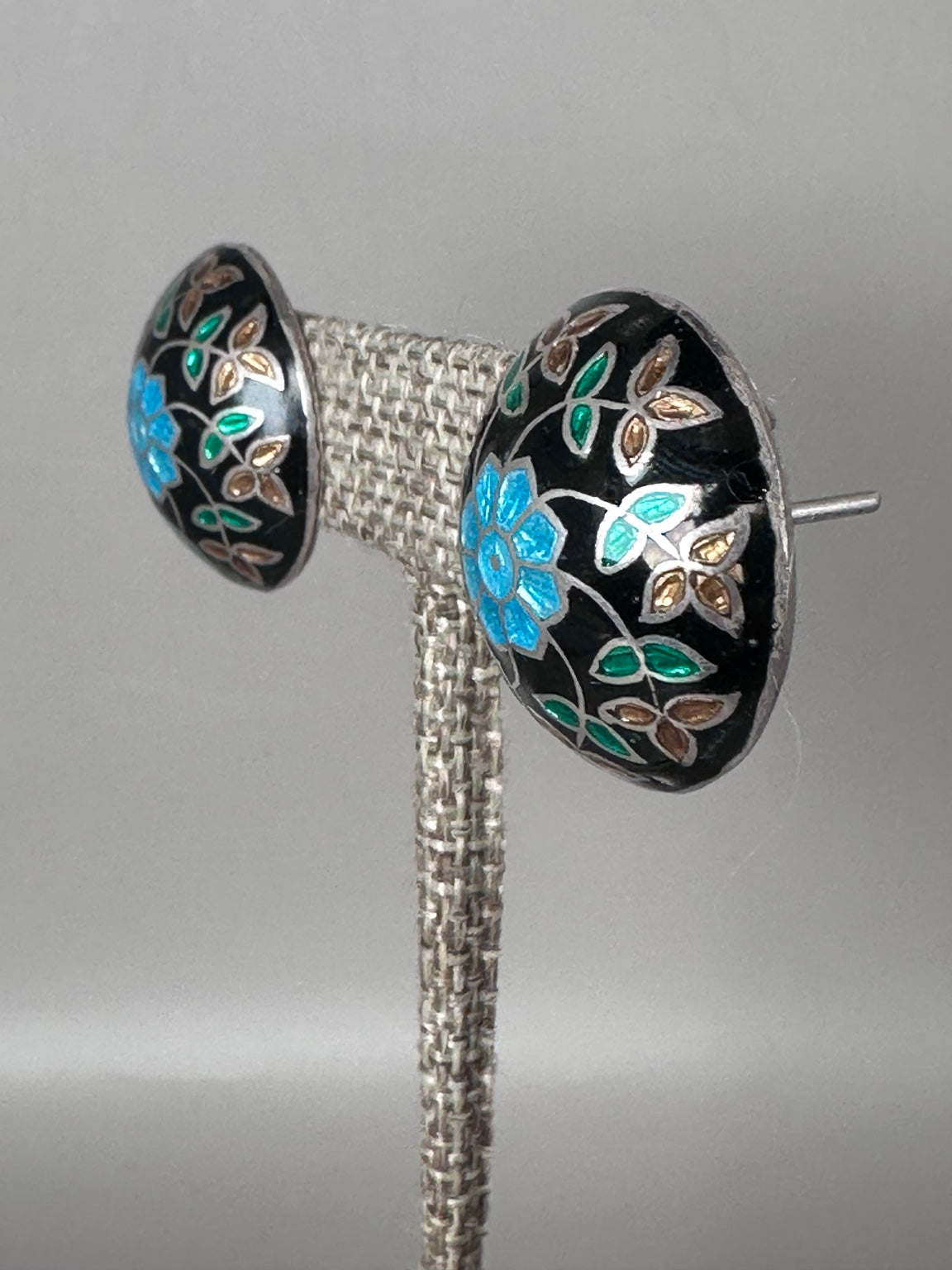 Vintage sterling silver cloisonne floral stud earrings side view