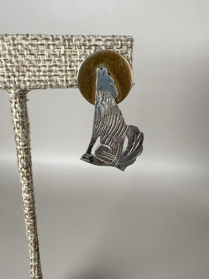 Vintage sterling silver and brass coyote moon earring front detail