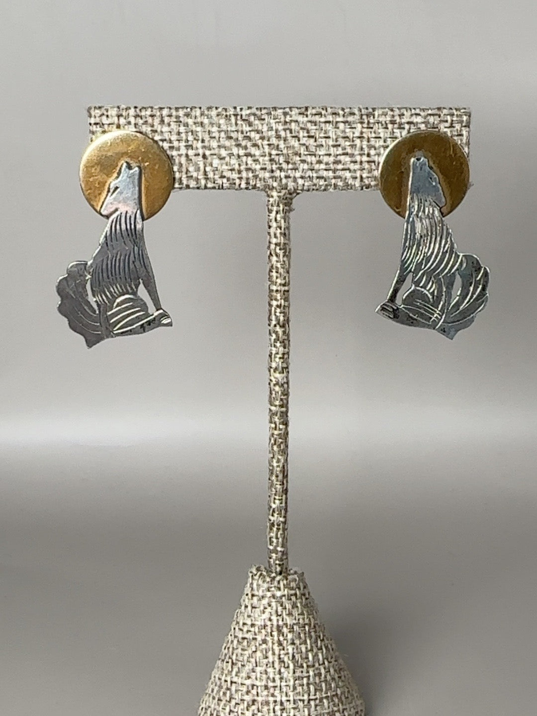 Vintage sterling silver and brass howling coyote moon earrings pair