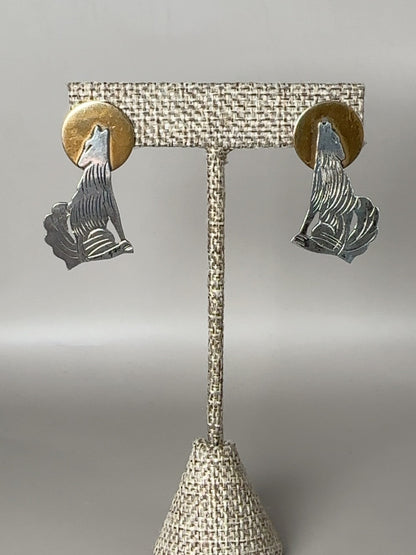 Vintage sterling silver and brass howling coyote moon earrings pair