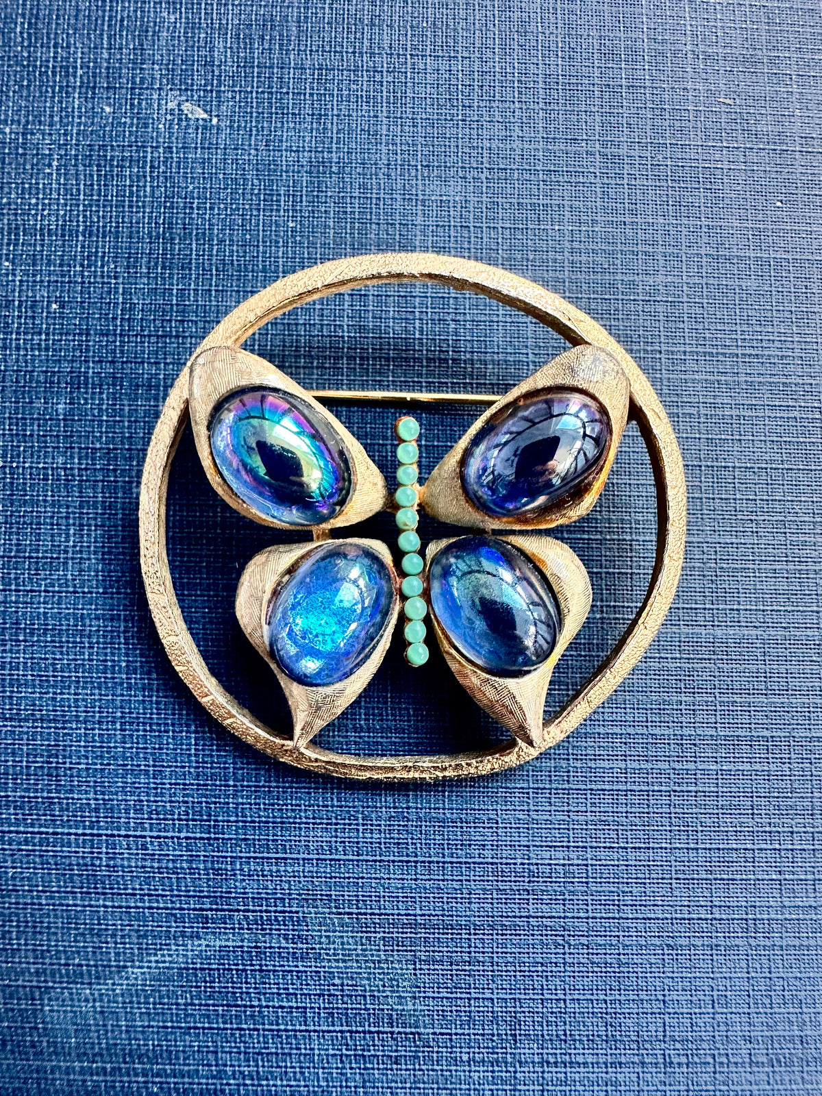 Vintage Butterfly Brooch, Iridescent Blue Art Glass Cabochon Pin, Mid Century Gold Tone Insect Jewelry, Statement Gift for Her