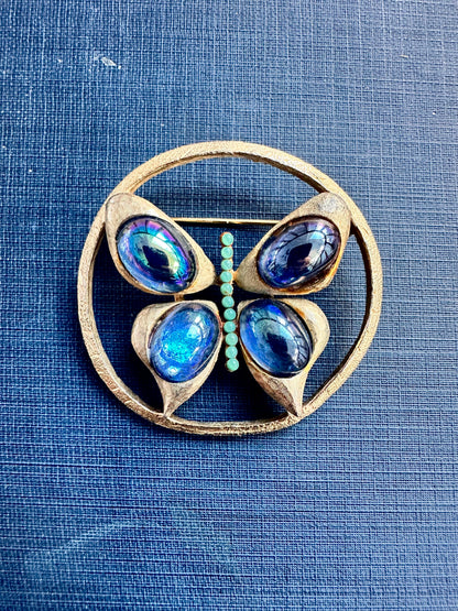 Vintage Butterfly Brooch, Iridescent Blue Art Glass Cabochon Pin, Mid Century Gold Tone Insect Jewelry, Statement Gift for Her