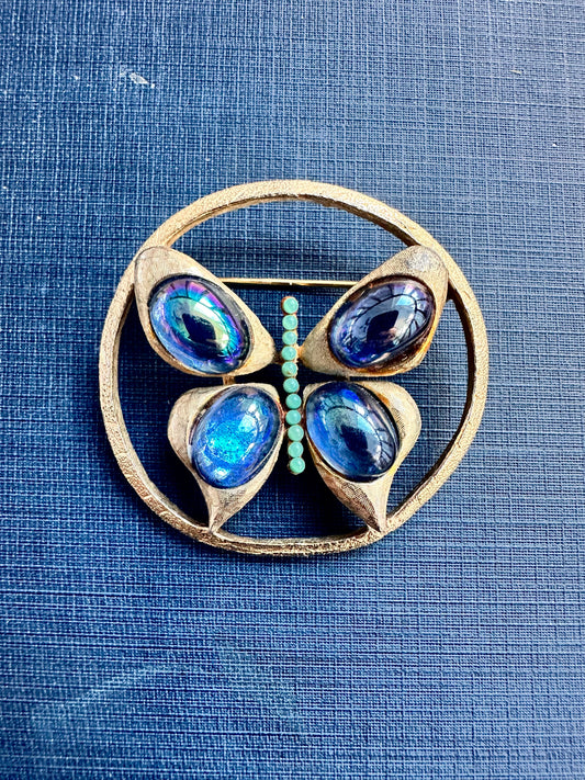 Vintage Iridescent Blue Glass Butterfly Brooch Textured Gold Tone
