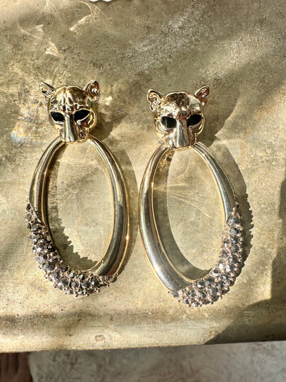 Panther Door Knocker Earrings, Gold-Tone Hoop with Gunmetal Crystals