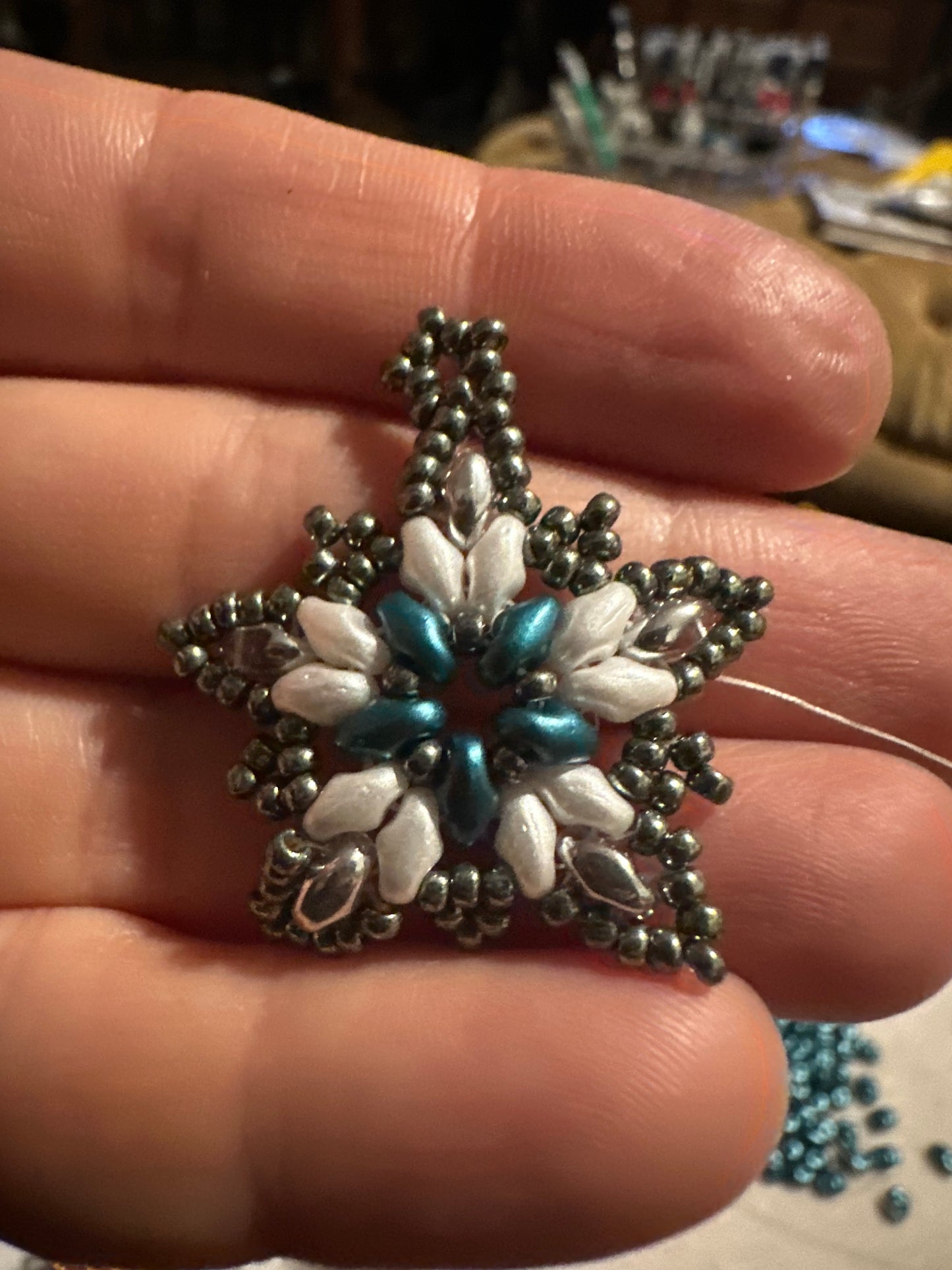 Hand-Woven Snowflake Earrings - Beaded with Sterling Silver Diamond-Cut Ear Wire