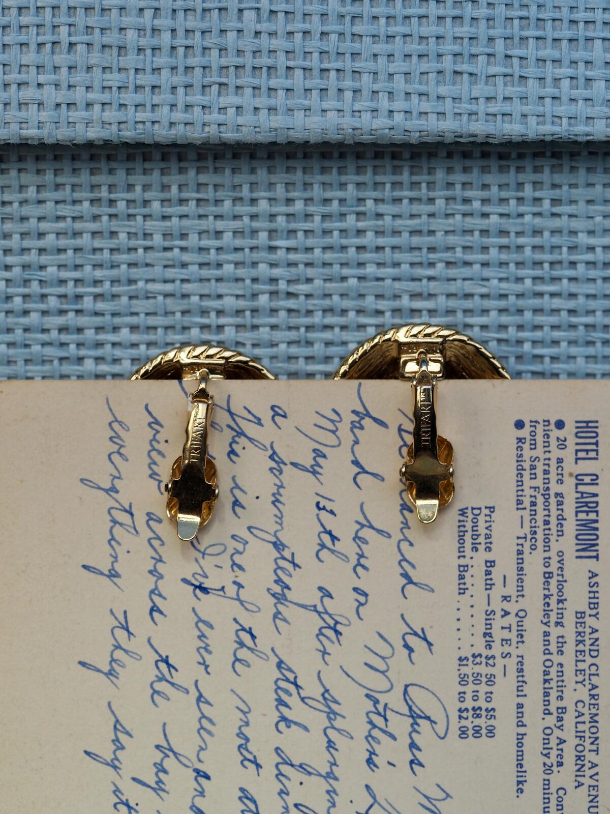 Vintage Trifari Gold and Red Enamel Clip-On Earrings – Intricate Twisted Knot Statement Earrings