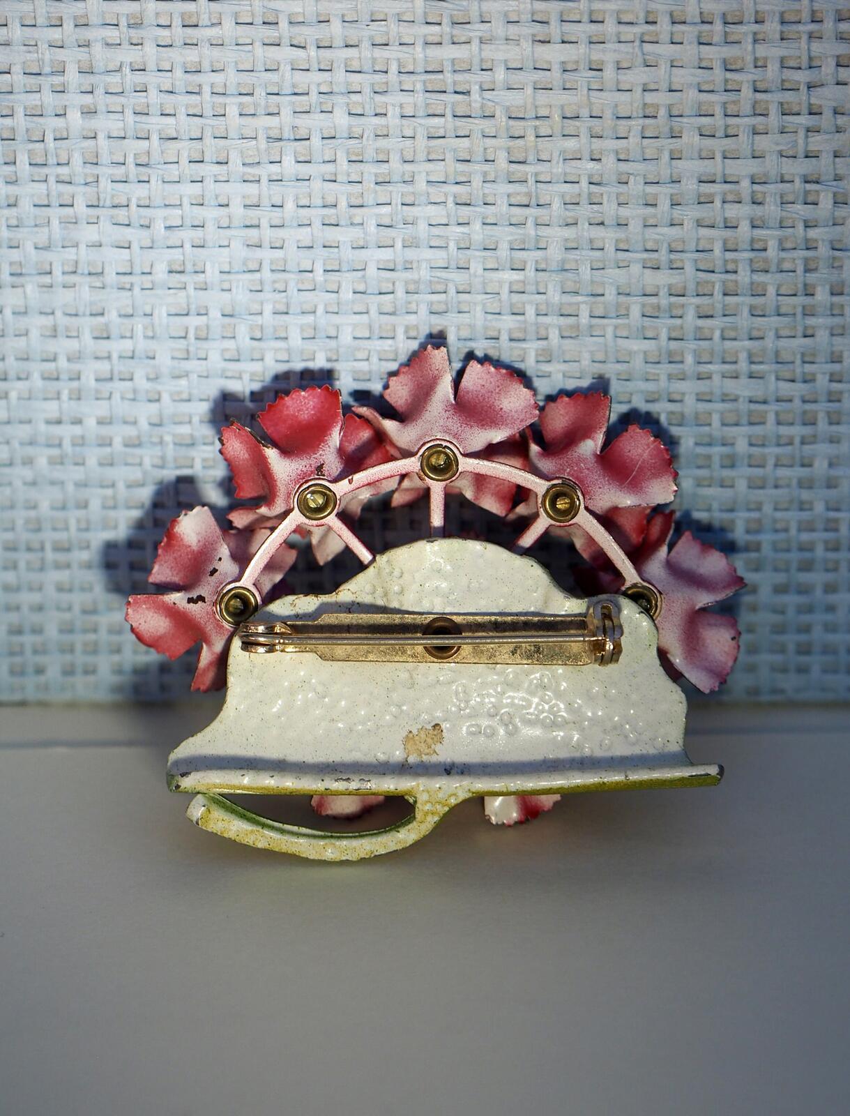Vintage Red Painted Metal Flower Brooch on Green Leaf Base