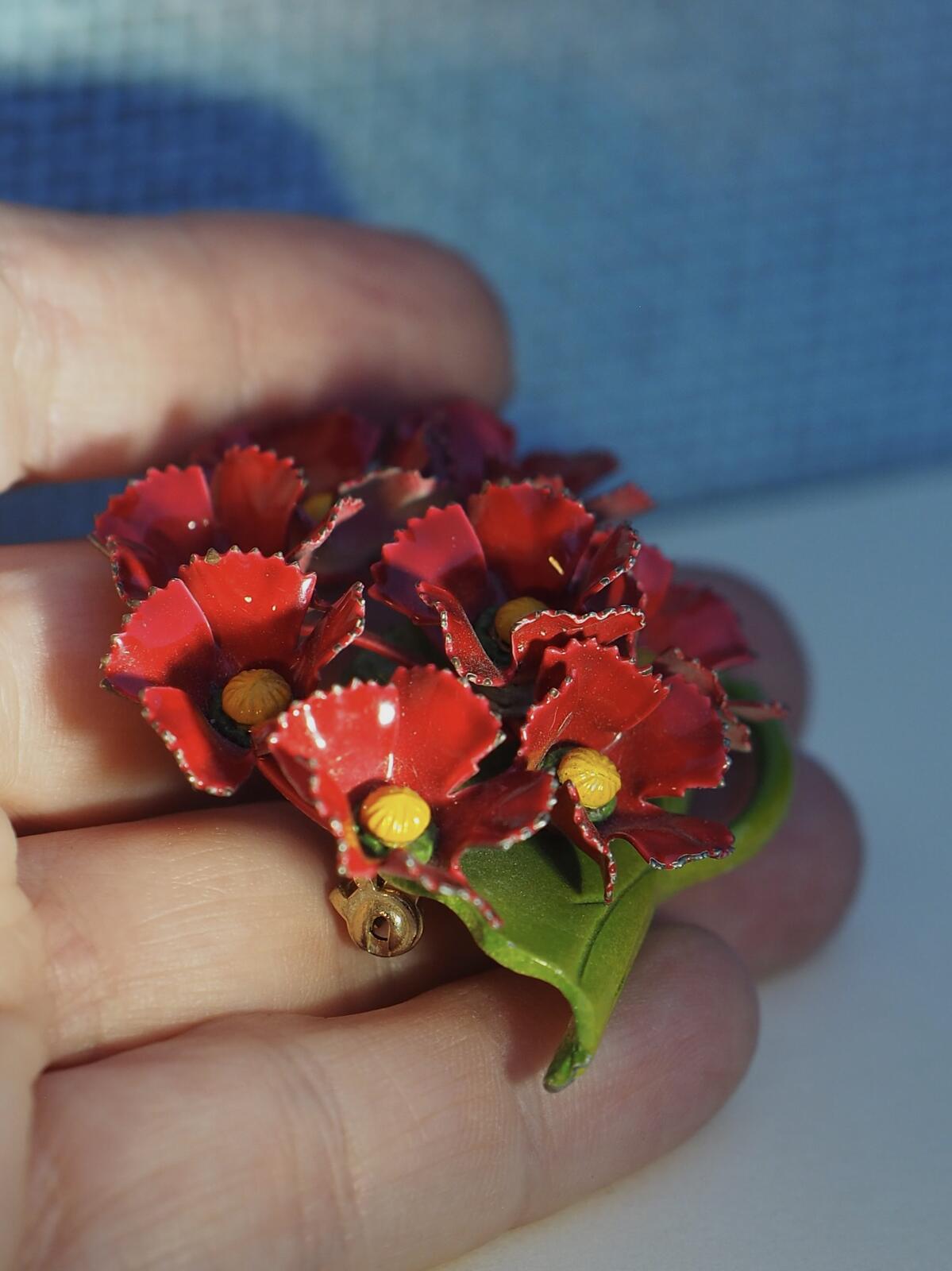 Vintage Red Painted Metal Flower Brooch on Green Leaf Base