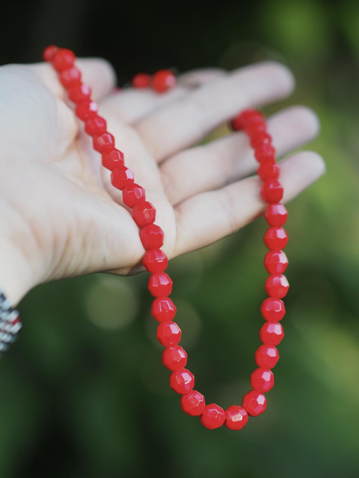 Vintage Opaque Cherry Red Faceted Glass Necklace & Dangle Earrings Set
