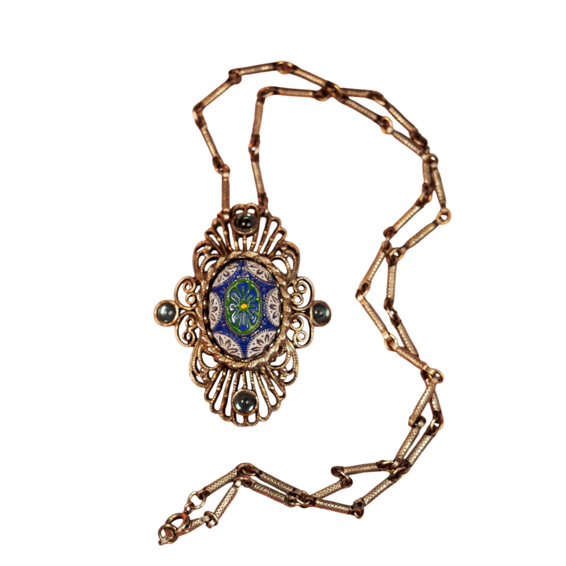 Vintage revival style pendant necklace with blue gray cabochon accents