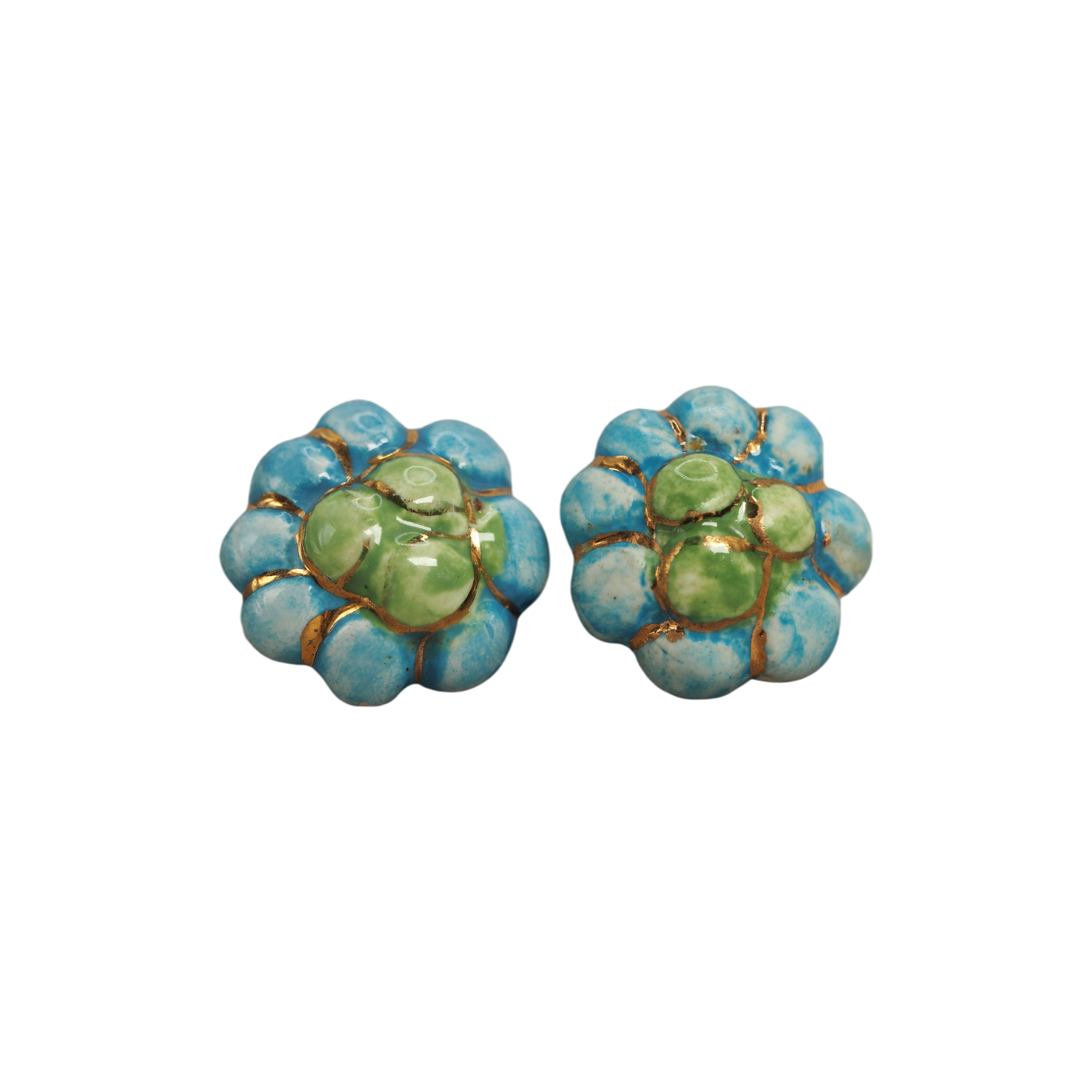 Vintage Handmade Ceramic Flower Clip-On Earrings Turquoise and Green with Gold Luster