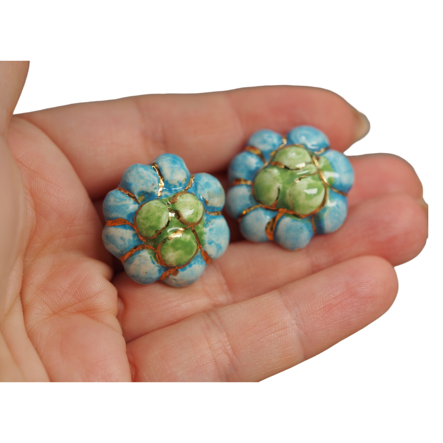 Vintage Handmade Ceramic Flower Clip-On Earrings Turquoise and Green with Gold Luster