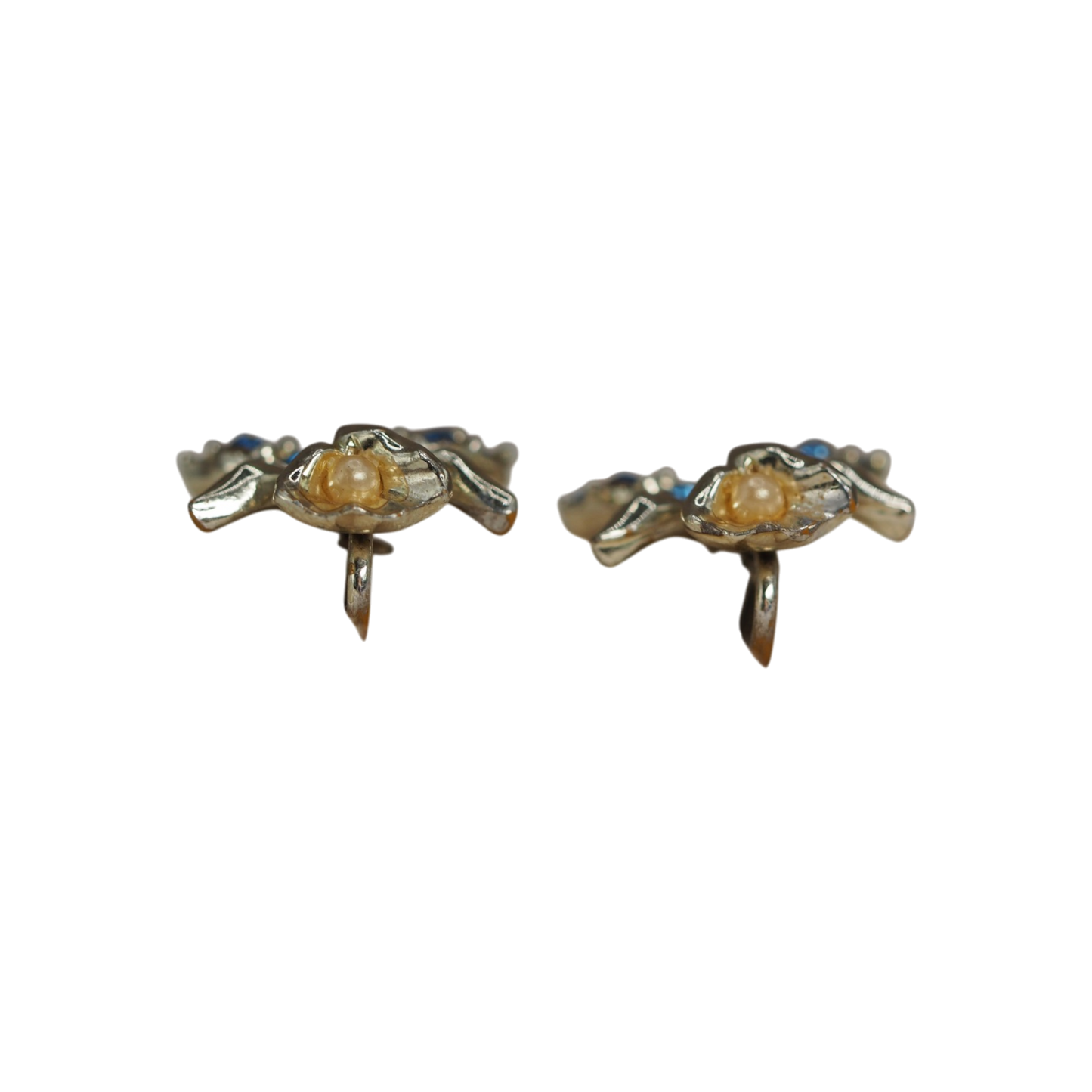 Vintage Gold Tone Orchid Screw-Back Earrings Sapphire Blue Rhinestones and Faux Pearl