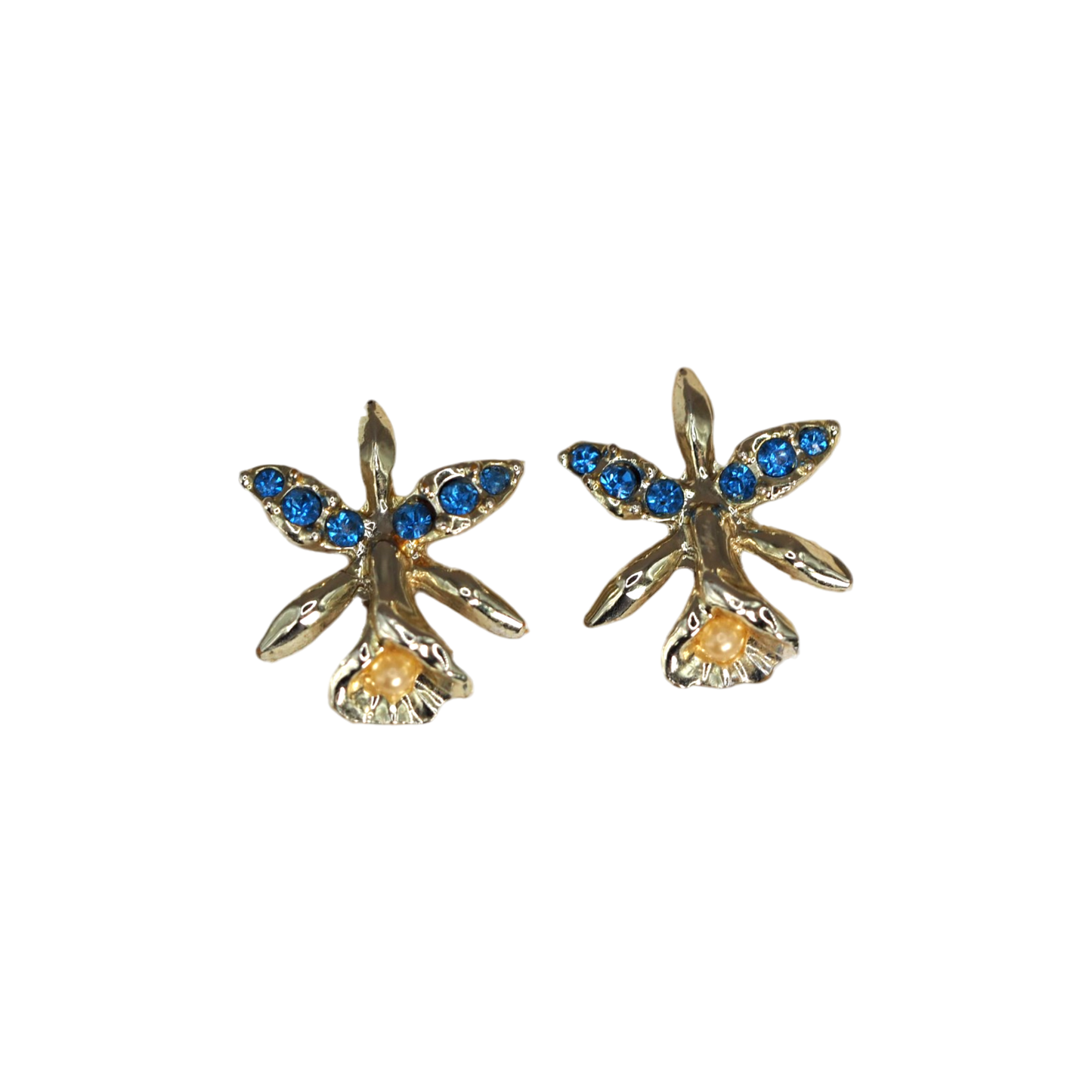Vintage Gold Tone Orchid Screw-Back Earrings Sapphire Blue Rhinestones and Faux Pearl