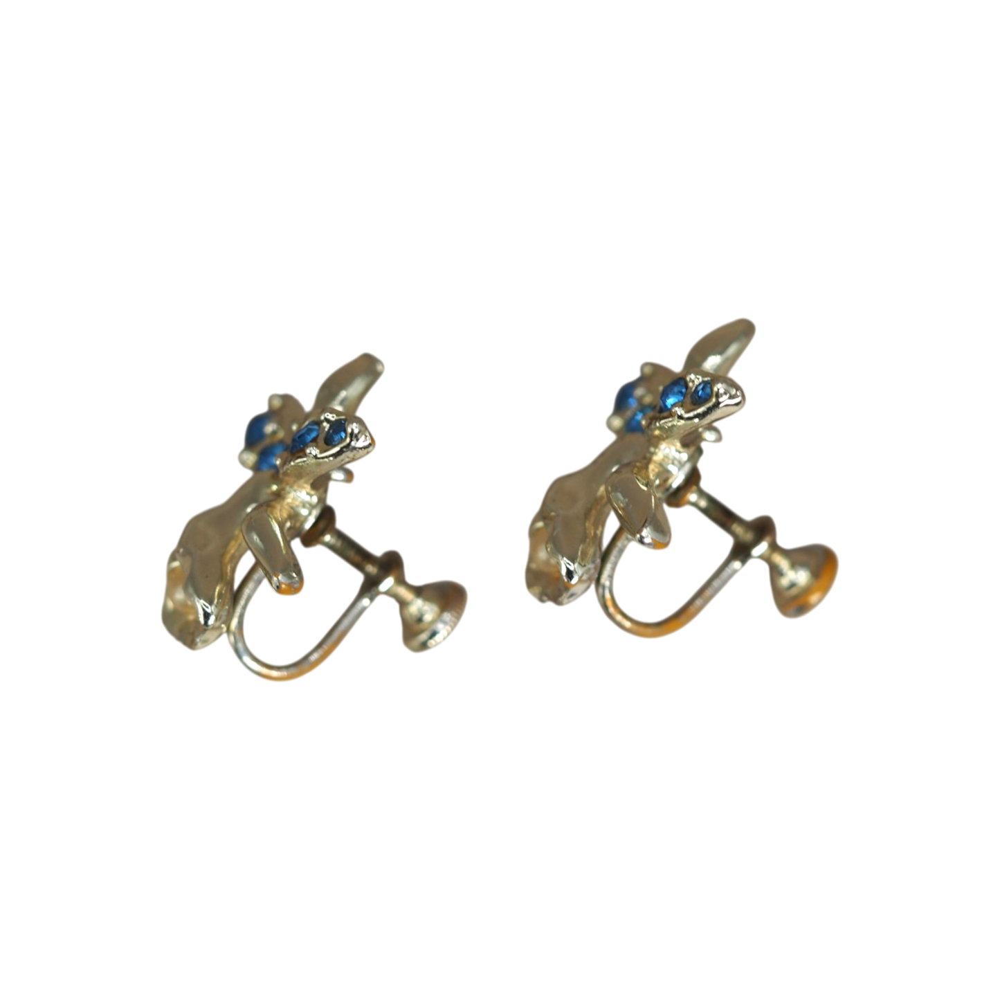 Vintage Gold Tone Orchid Screw-Back Earrings Sapphire Blue Rhinestones and Faux Pearl