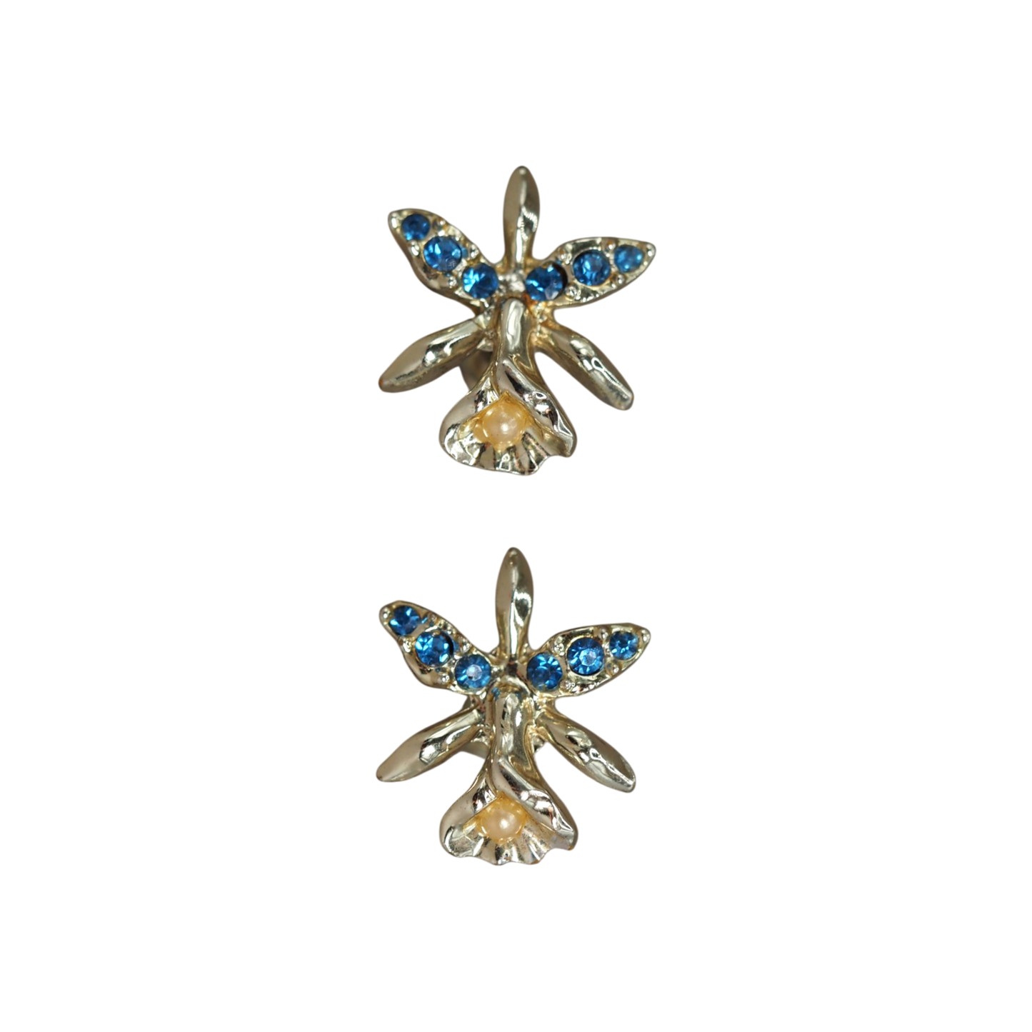 Vintage Gold Tone Orchid Screw-Back Earrings Sapphire Blue Rhinestones and Faux Pearl