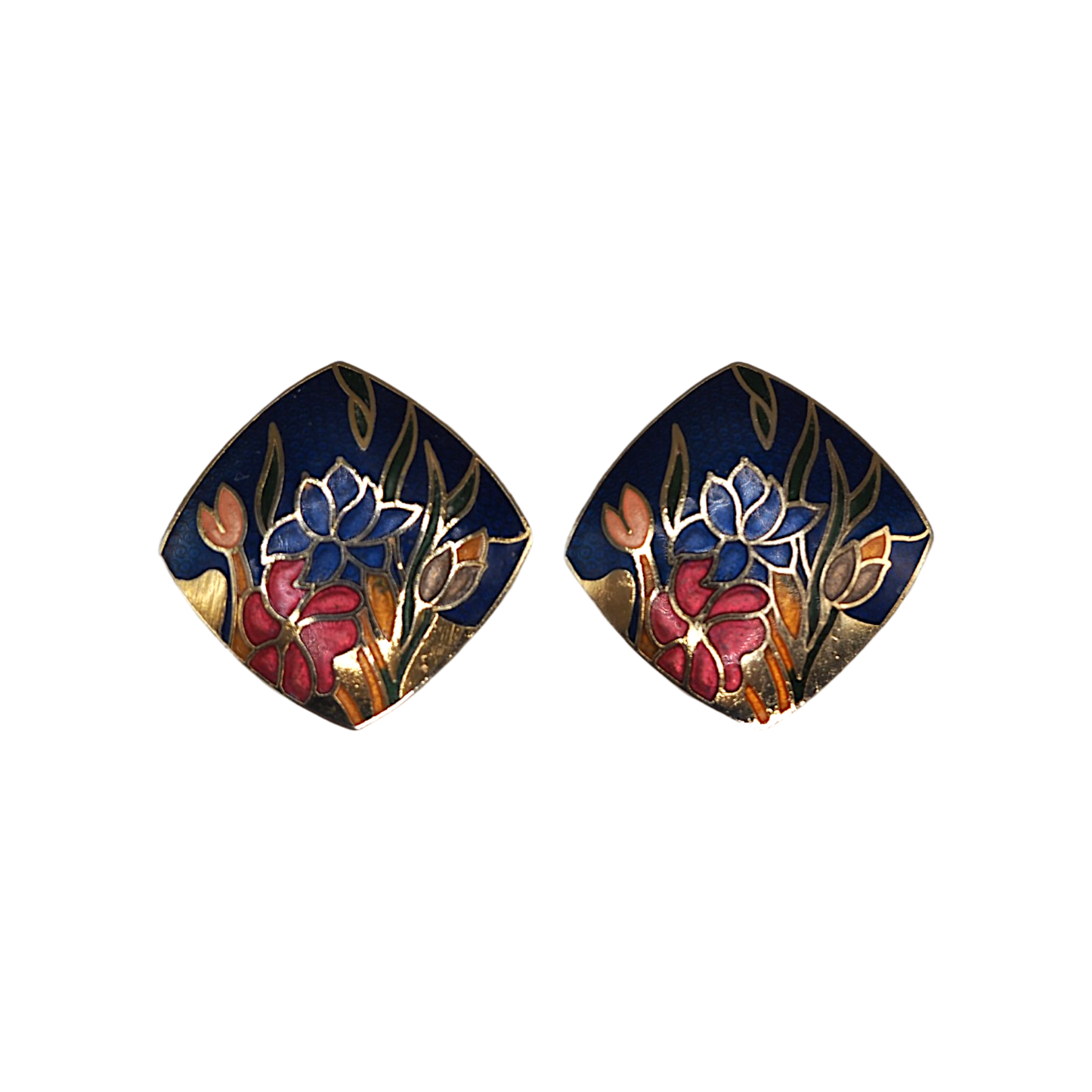 Vintage cloisonné enamel iris clip-on earrings, navy blue and gold square