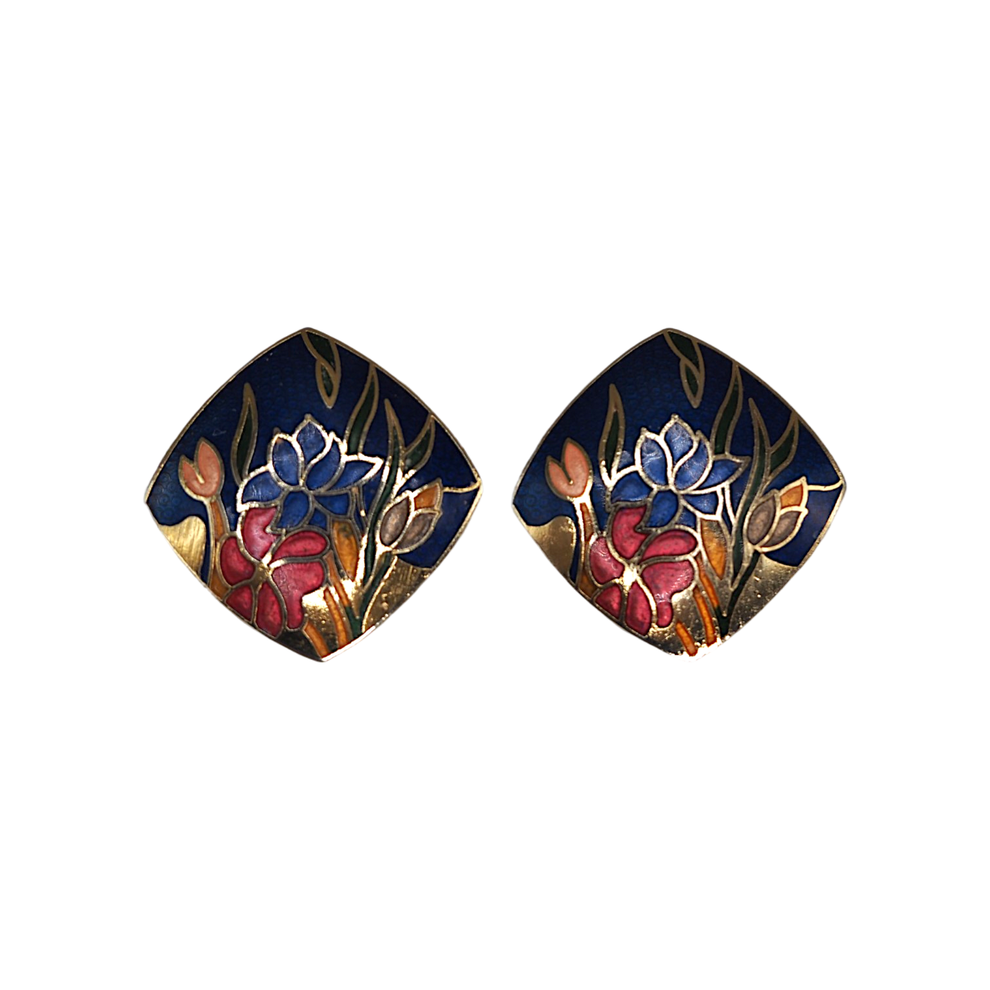 Vintage cloisonné enamel iris clip-on earrings, navy blue and gold square