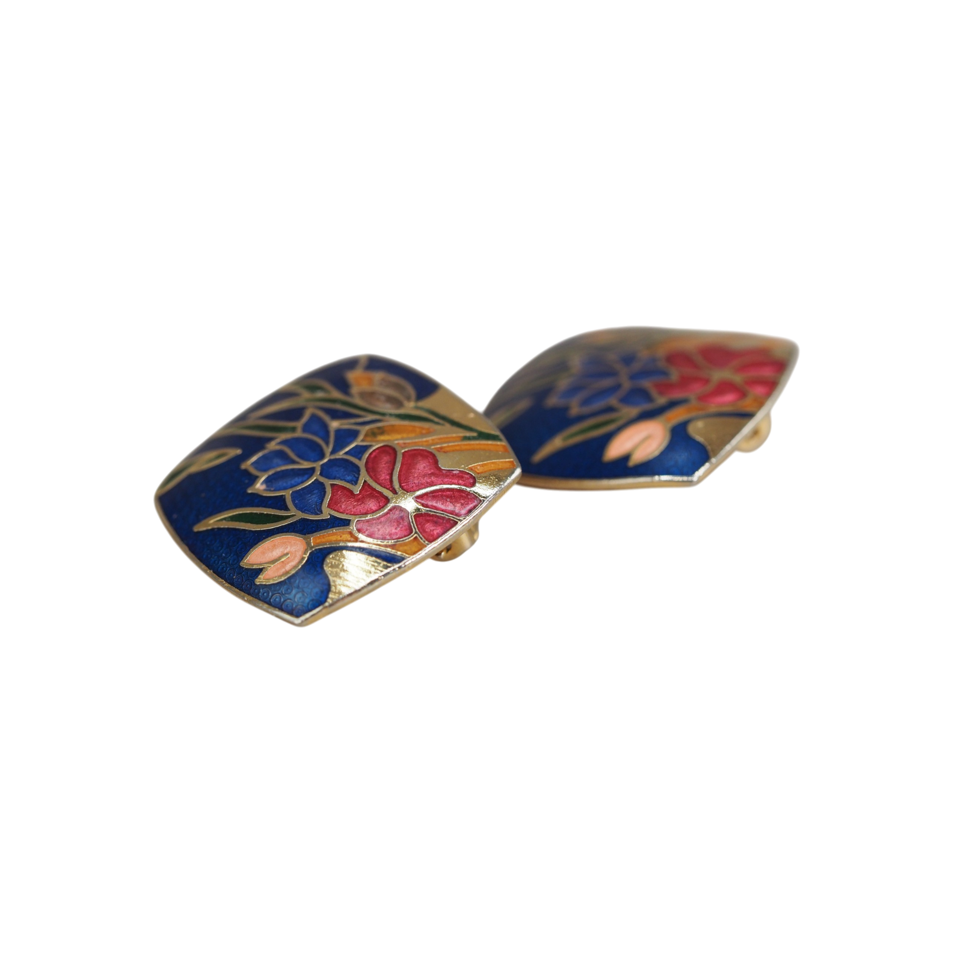 1980s cloisonné square clip-on earrings, guilloche enamel texture