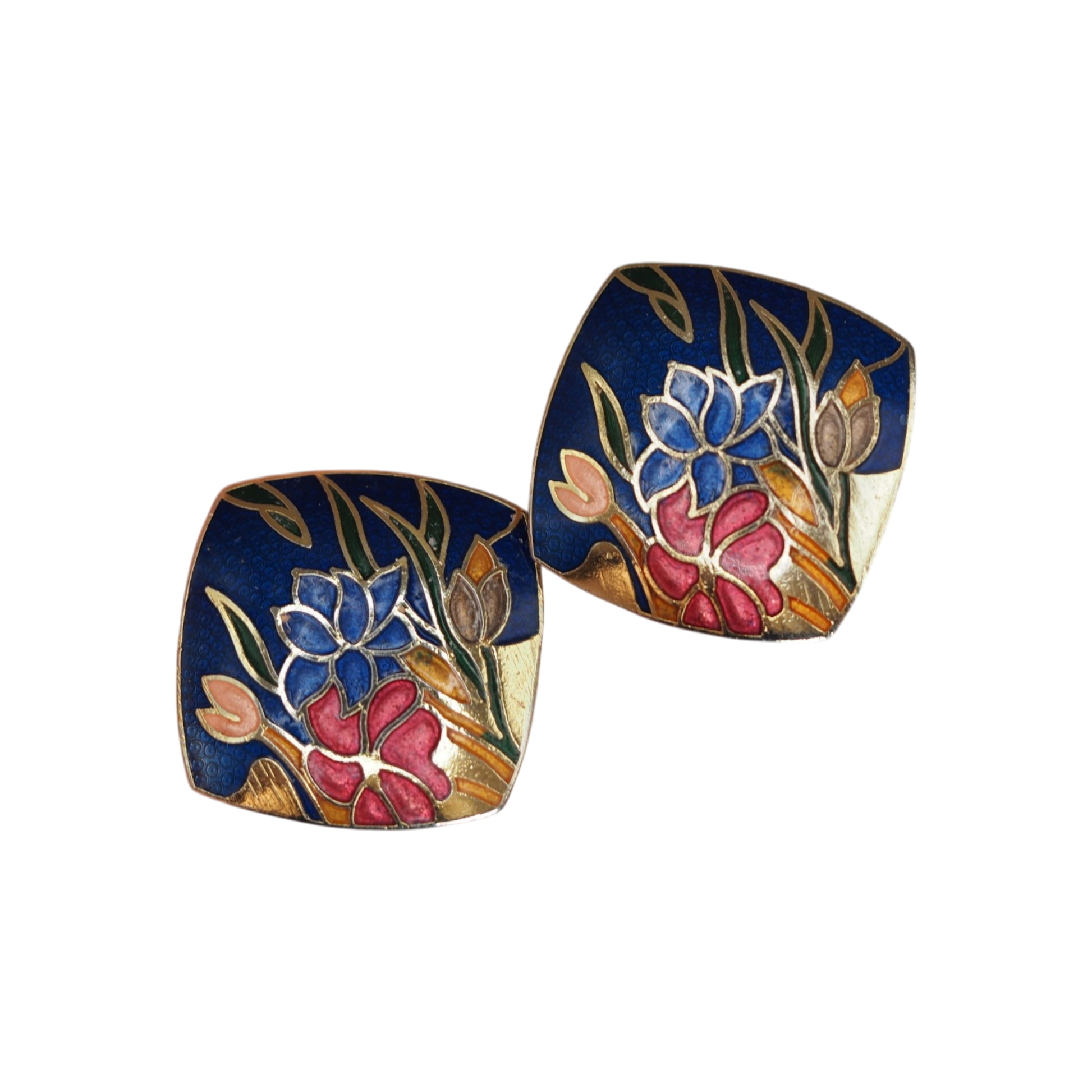 Navy cloisonné floral earrings with iris and blossom detail in gold tone