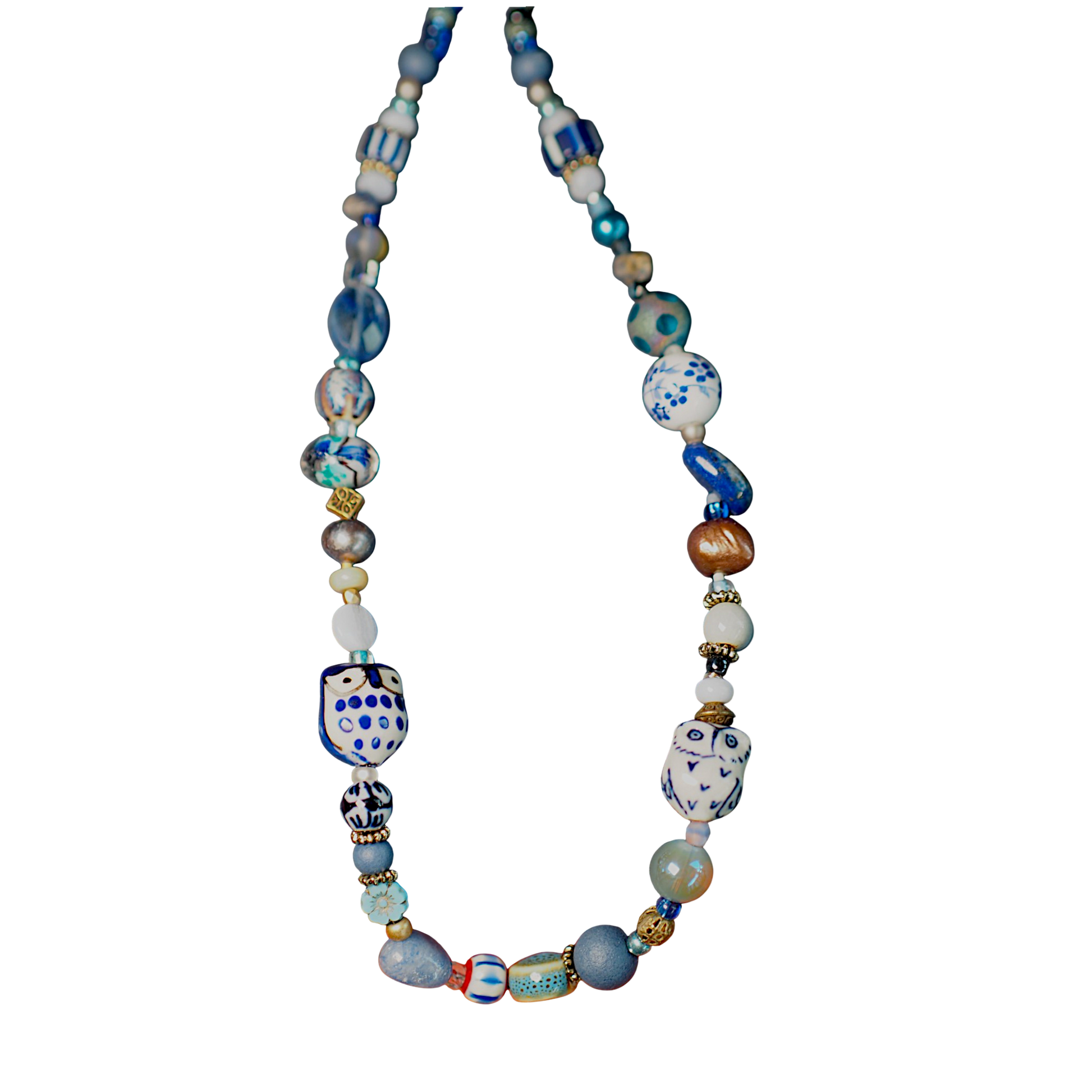 Blue owl focal bead on handbeaded mixed vintage bead necklace, GlamGram NYC original