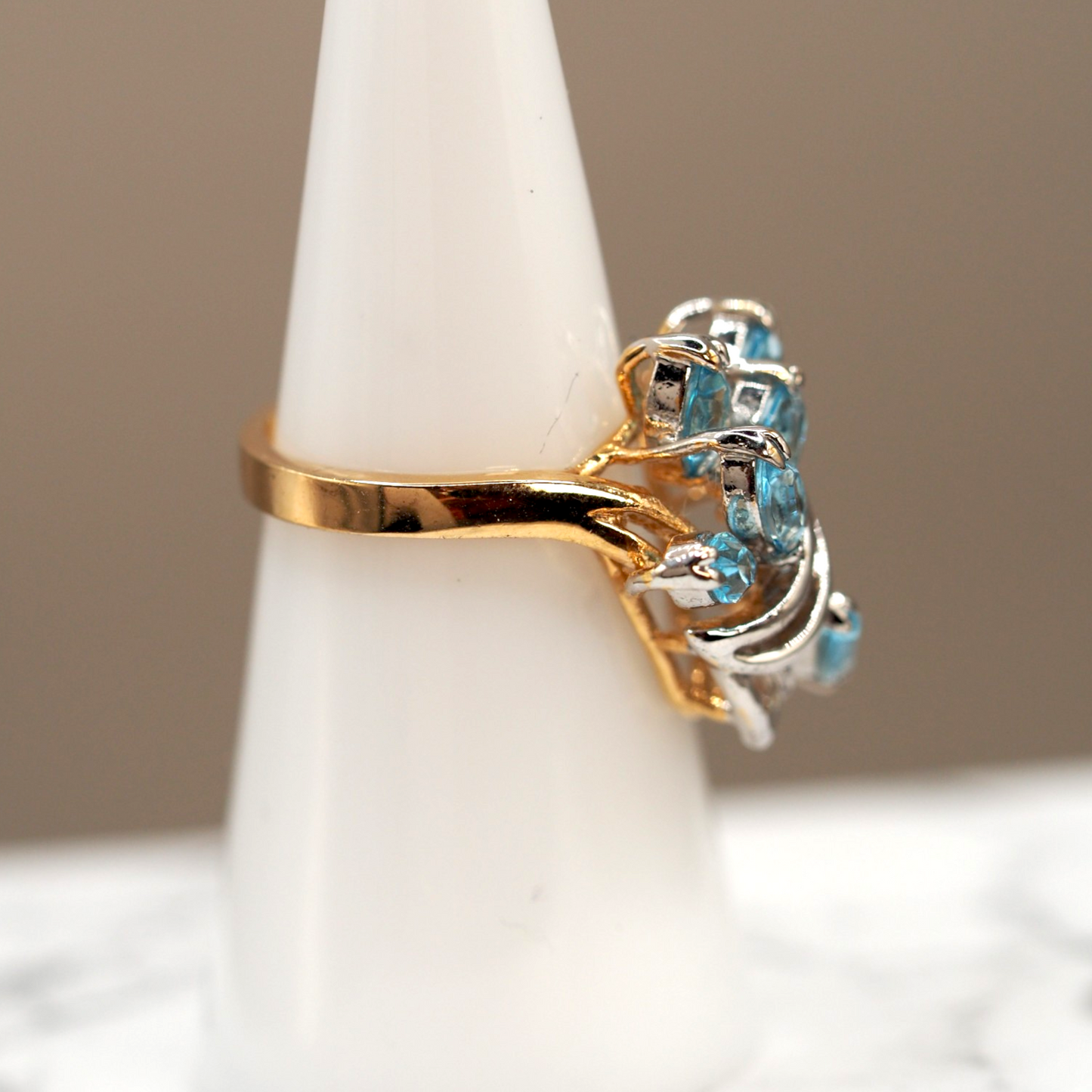Vintage Aqua Marquise Crystal Spray Cocktail Ring Gold Tone Size 5