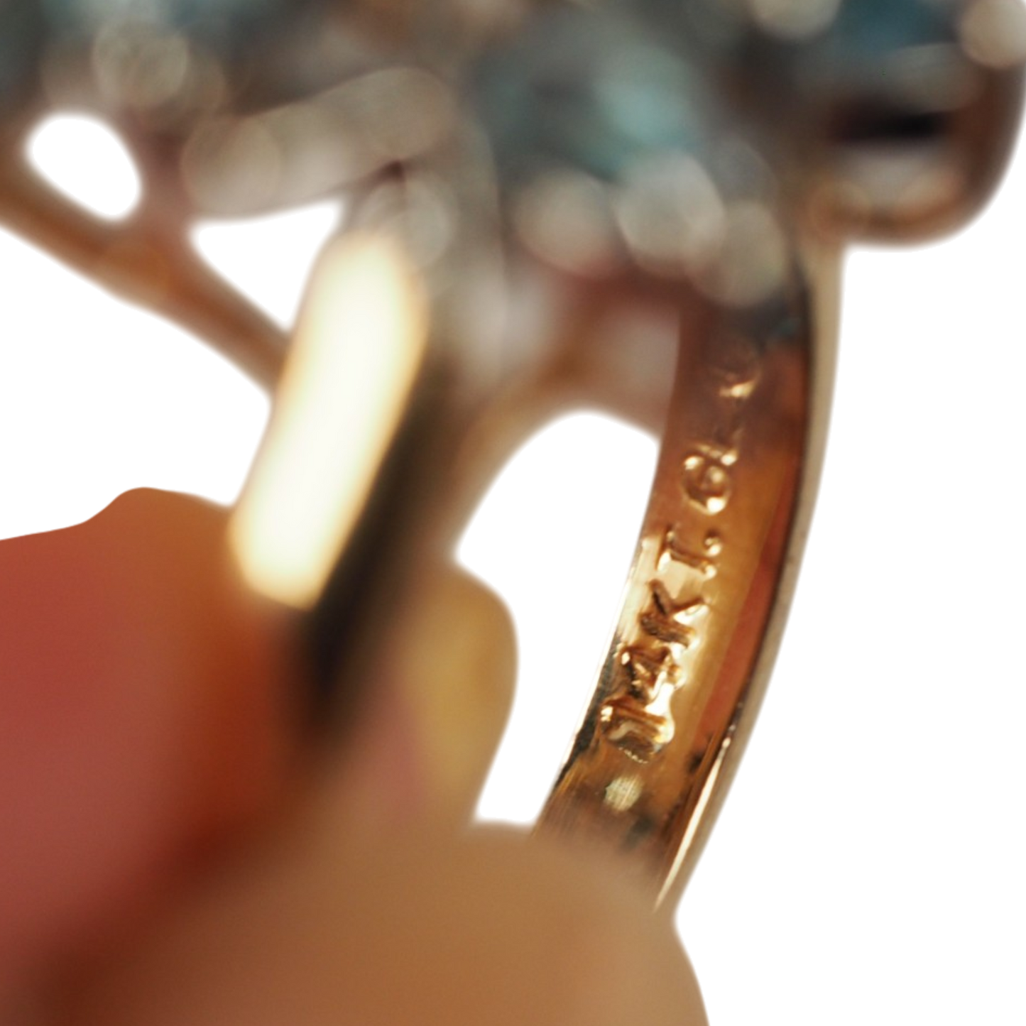 Two tone gold electroplate band on vintage aqua crystal ring