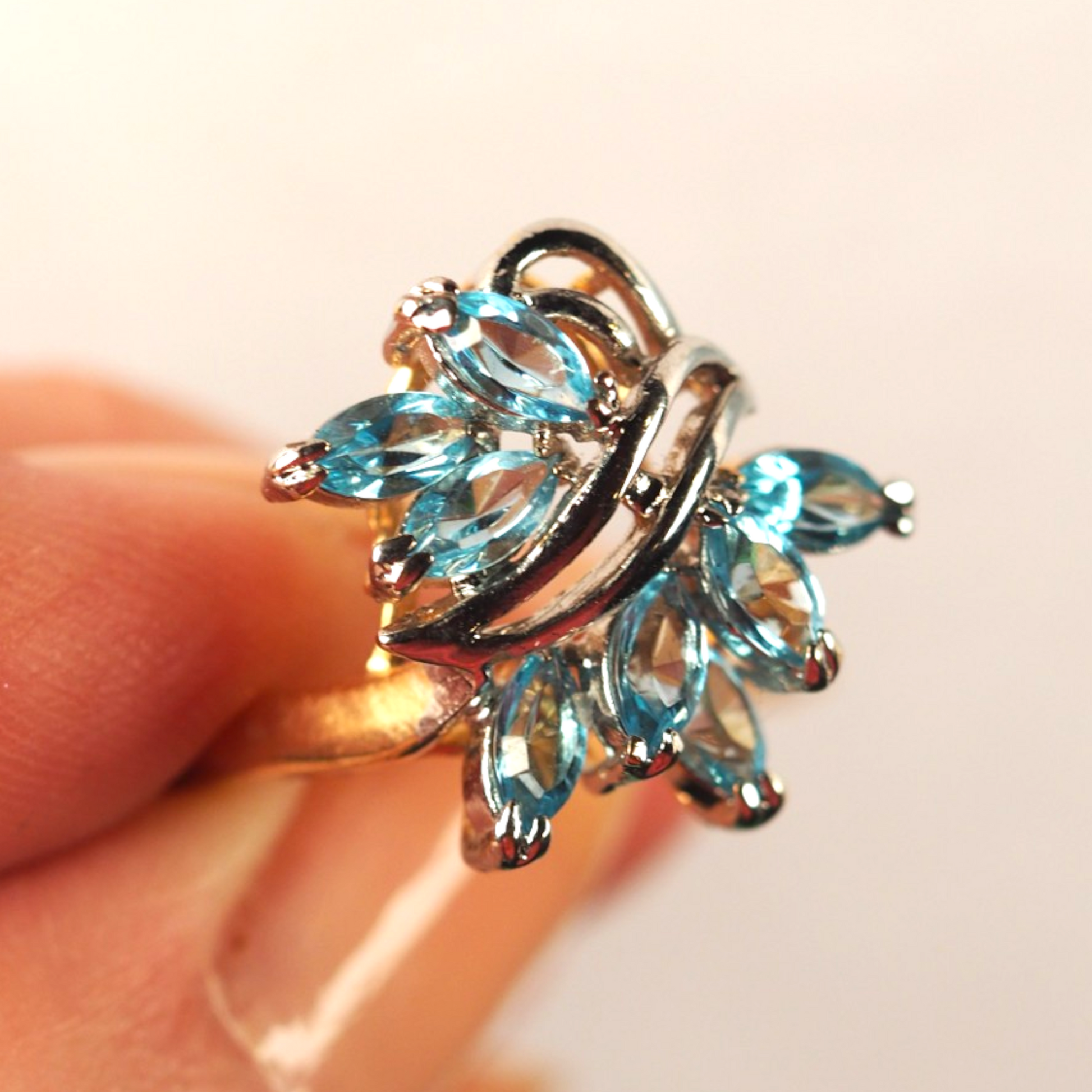 Vintage aqua marquise crystal spray cocktail ring in two tone gold and silver