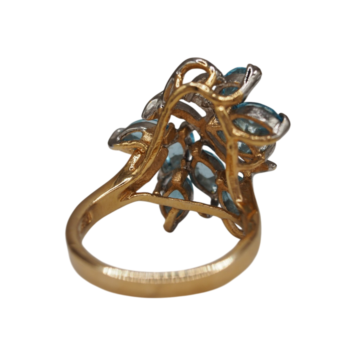 Blue marquise stones in sculptural cluster on vintage cocktail ring