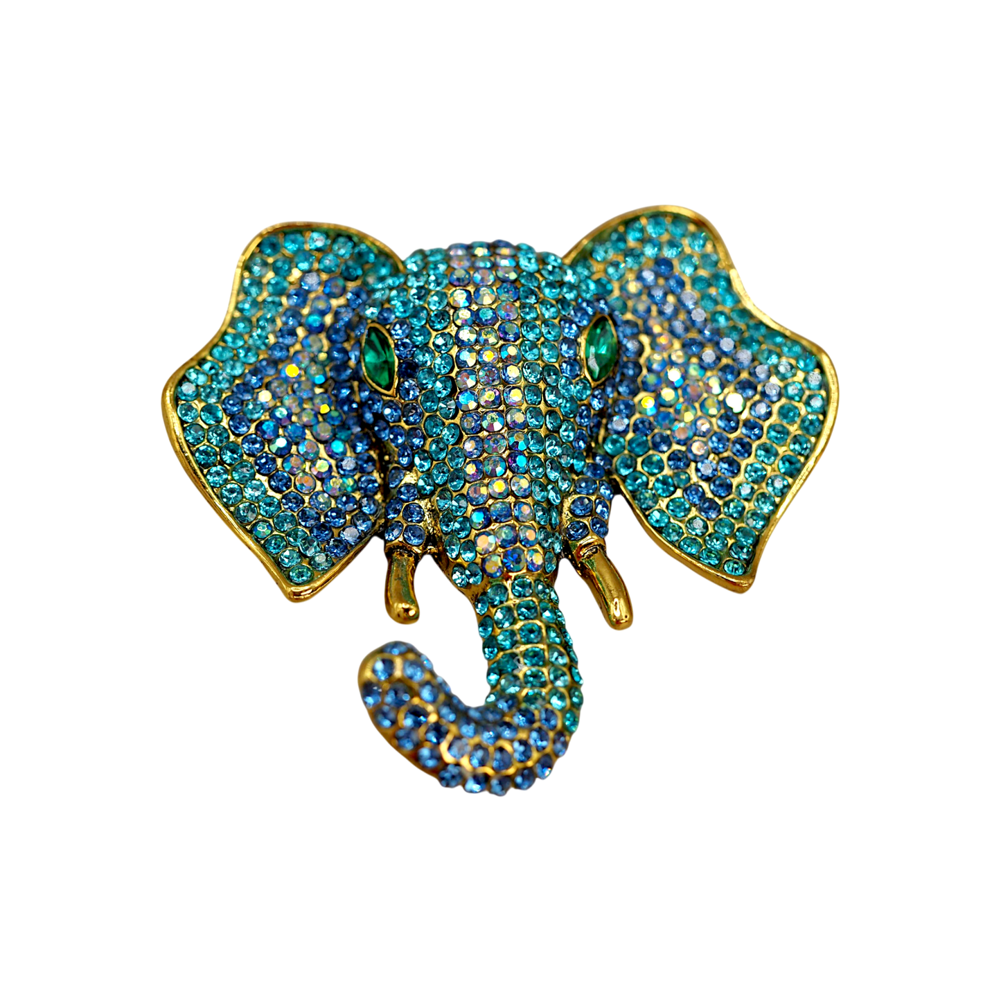 Side detail of blue rhinestone elephant head brooch