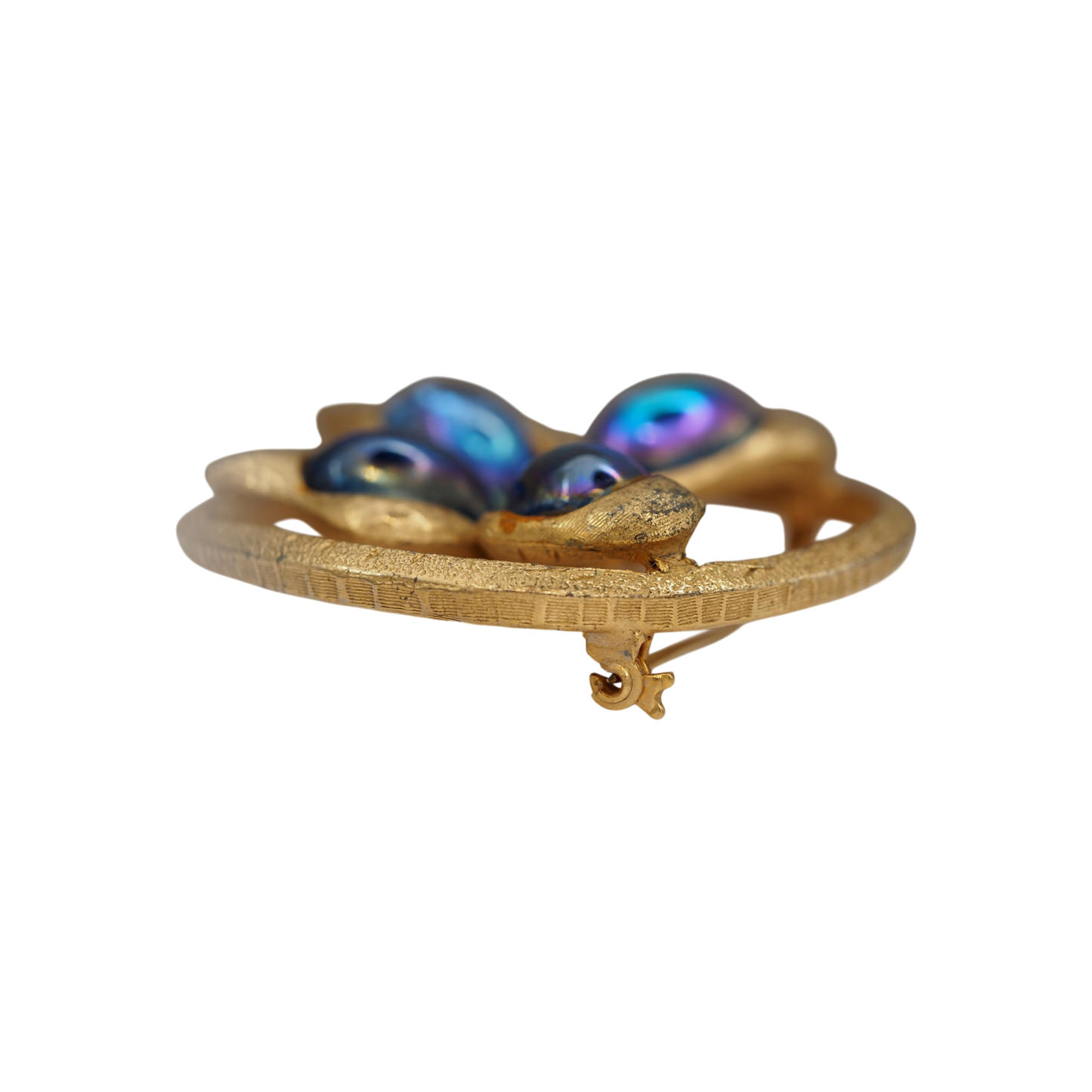 2 inch vintage butterfly brooch, iridescent blue and gold
