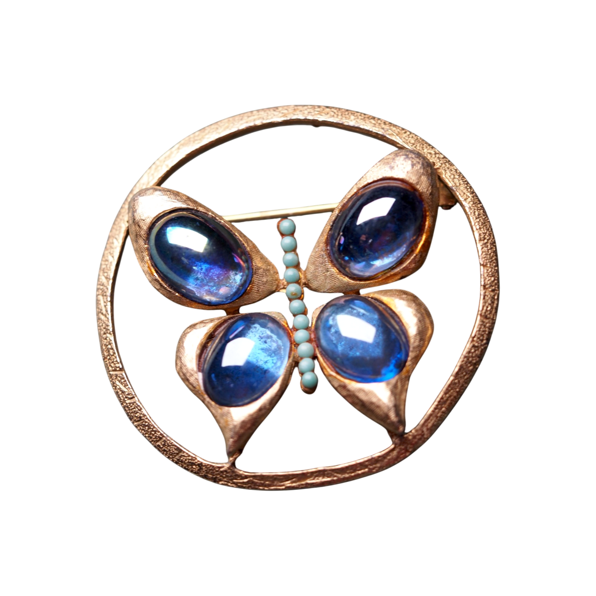 Turquoise bead accents on vintage gold tone butterfly brooch