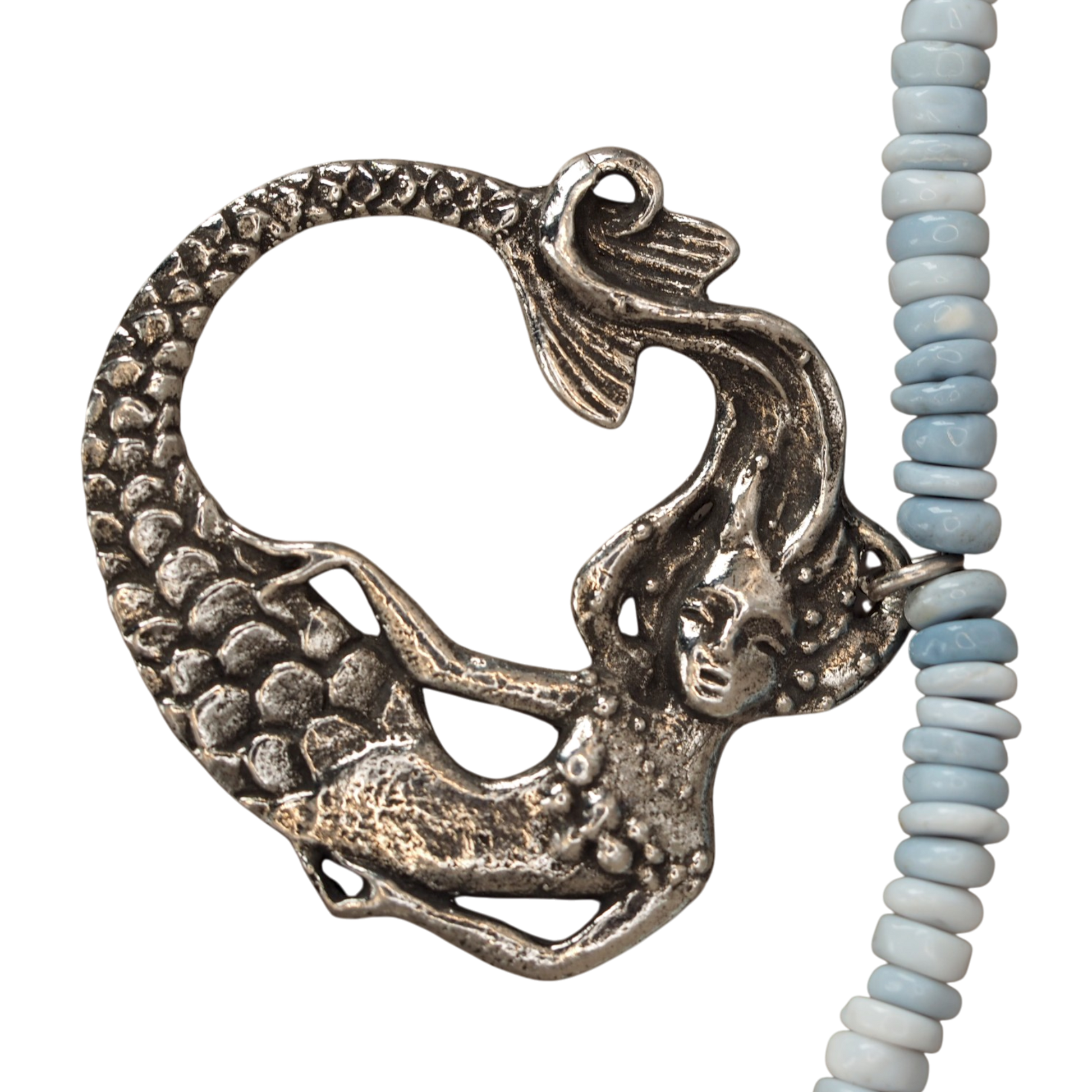 Blue Peruvian opal beaded necklace with a pewter mermaid focal and toggle clasp