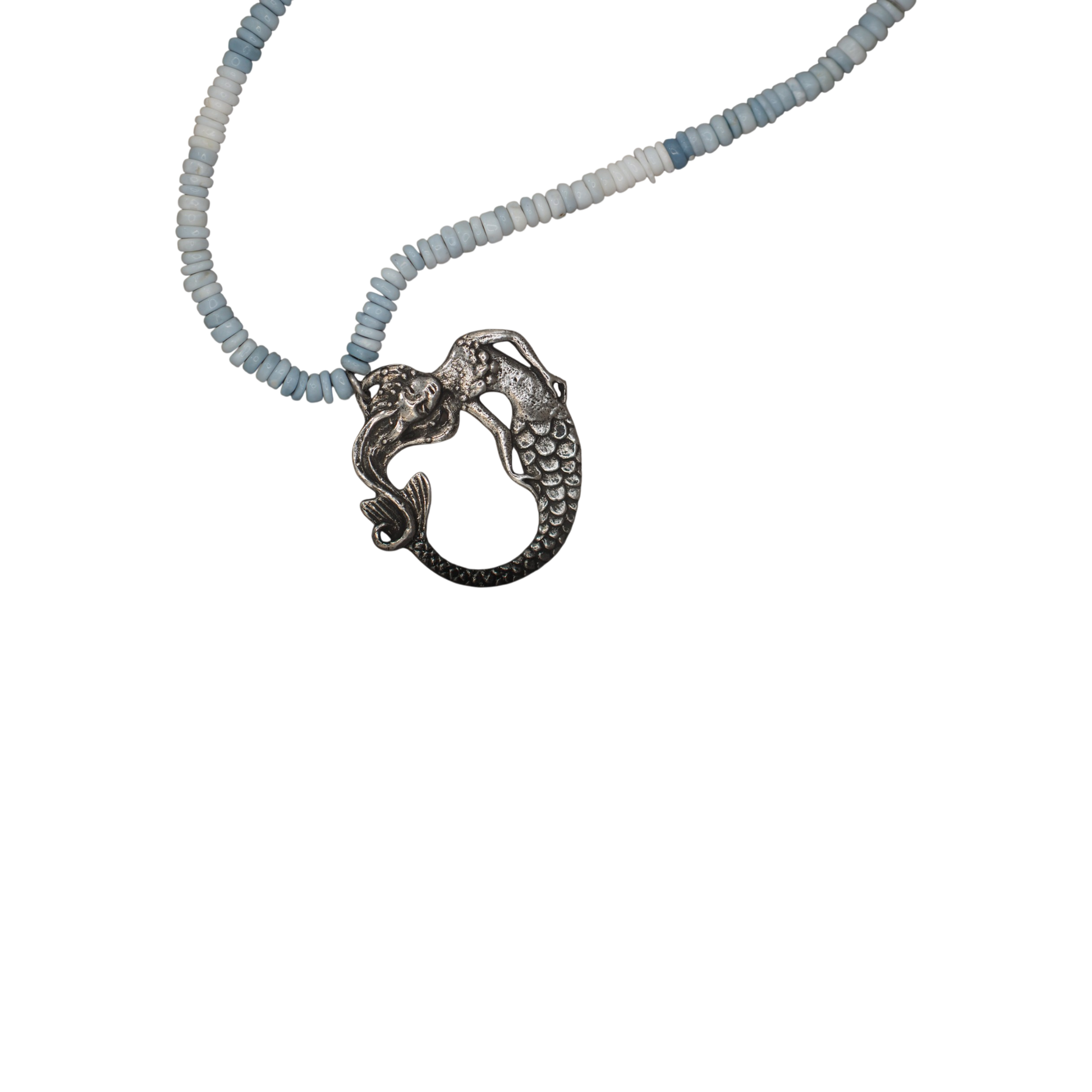 Pewter mermaid pendant necklace with seafoam and white Peruvian opal beads