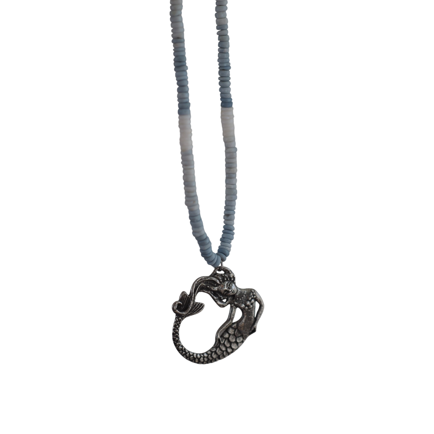 Genuine Peruvian blue opal heishi beads on a handmade artisan necklace