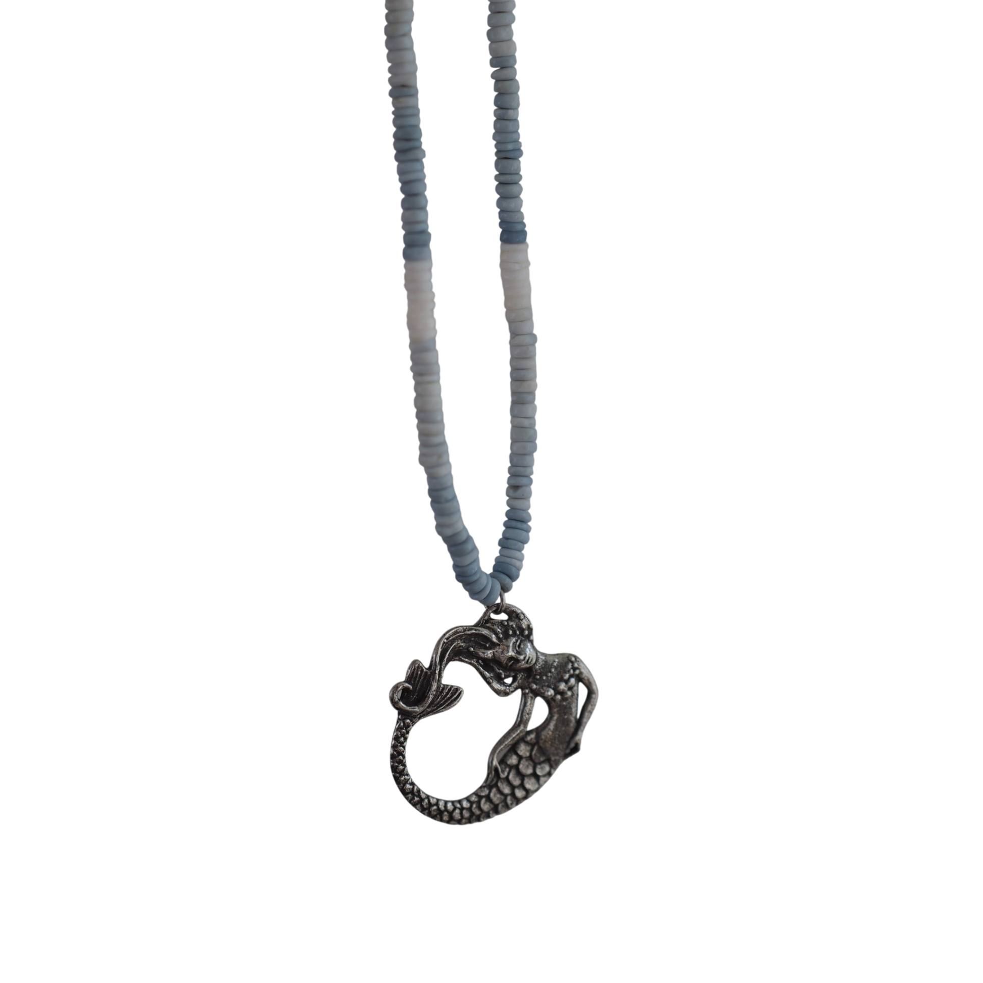 Genuine Peruvian blue opal heishi beads on a handmade artisan necklace