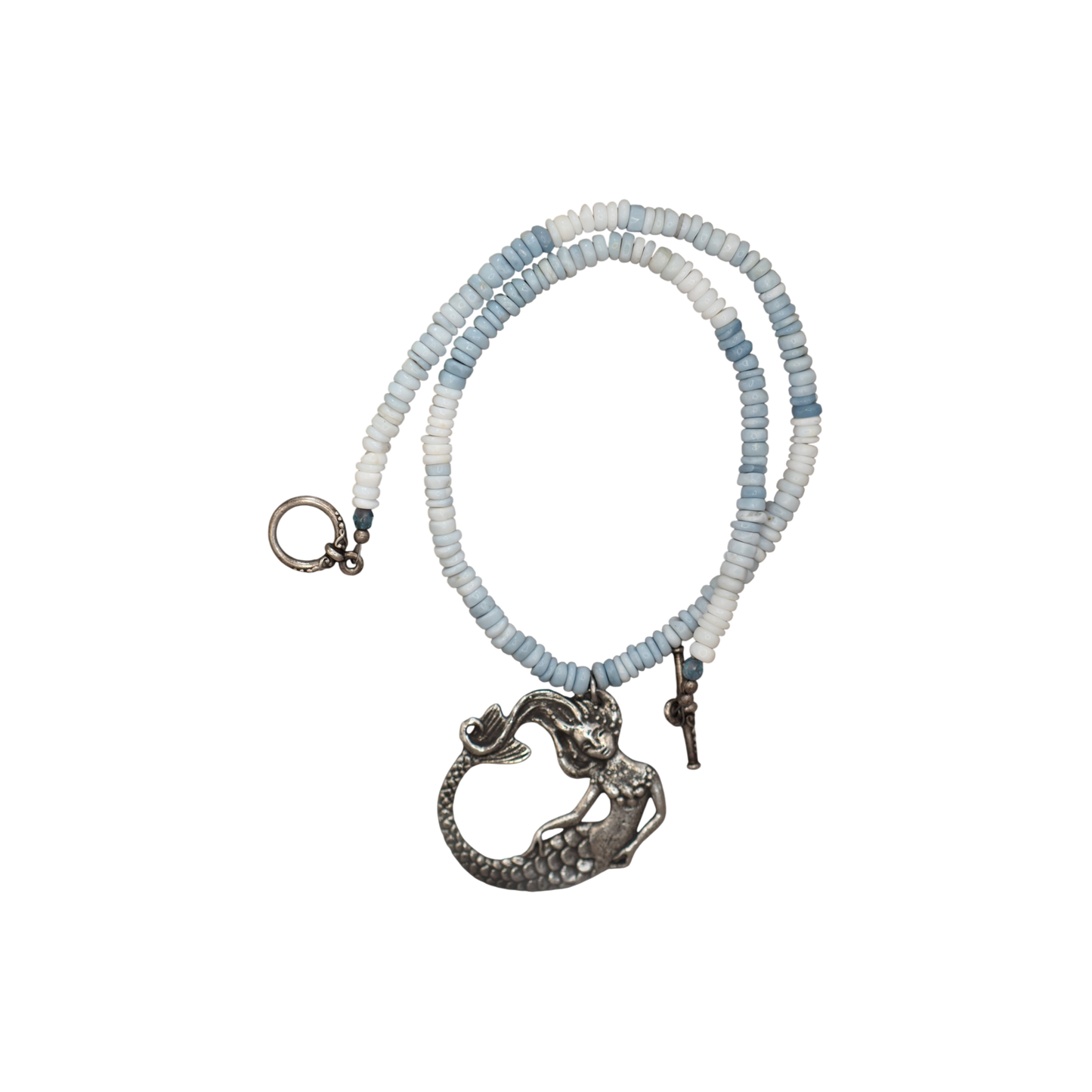 Green Girl Studios pewter mermaid pendant on a blue Peruvian opal beaded necklace, GlamGram Original