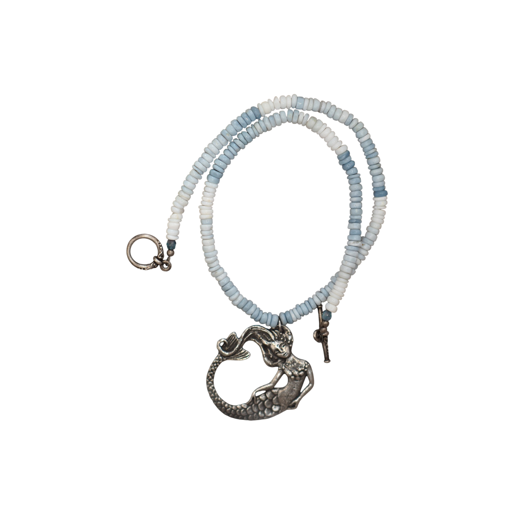 Green Girl Studios pewter mermaid pendant on a blue Peruvian opal beaded necklace, GlamGram Original