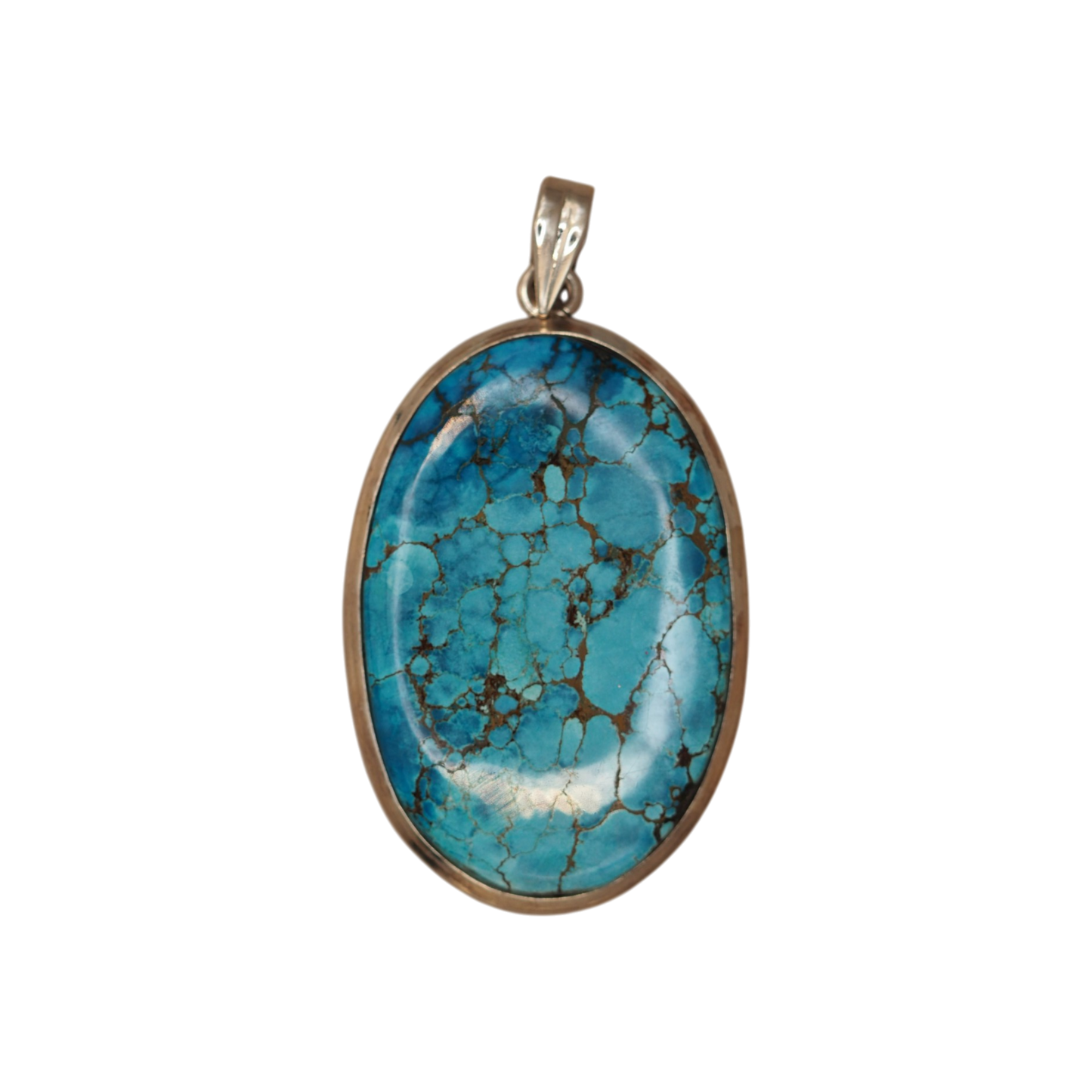 Sterling silver turquoise cabochon pendant, sky blue with a copper spiderweb matrix