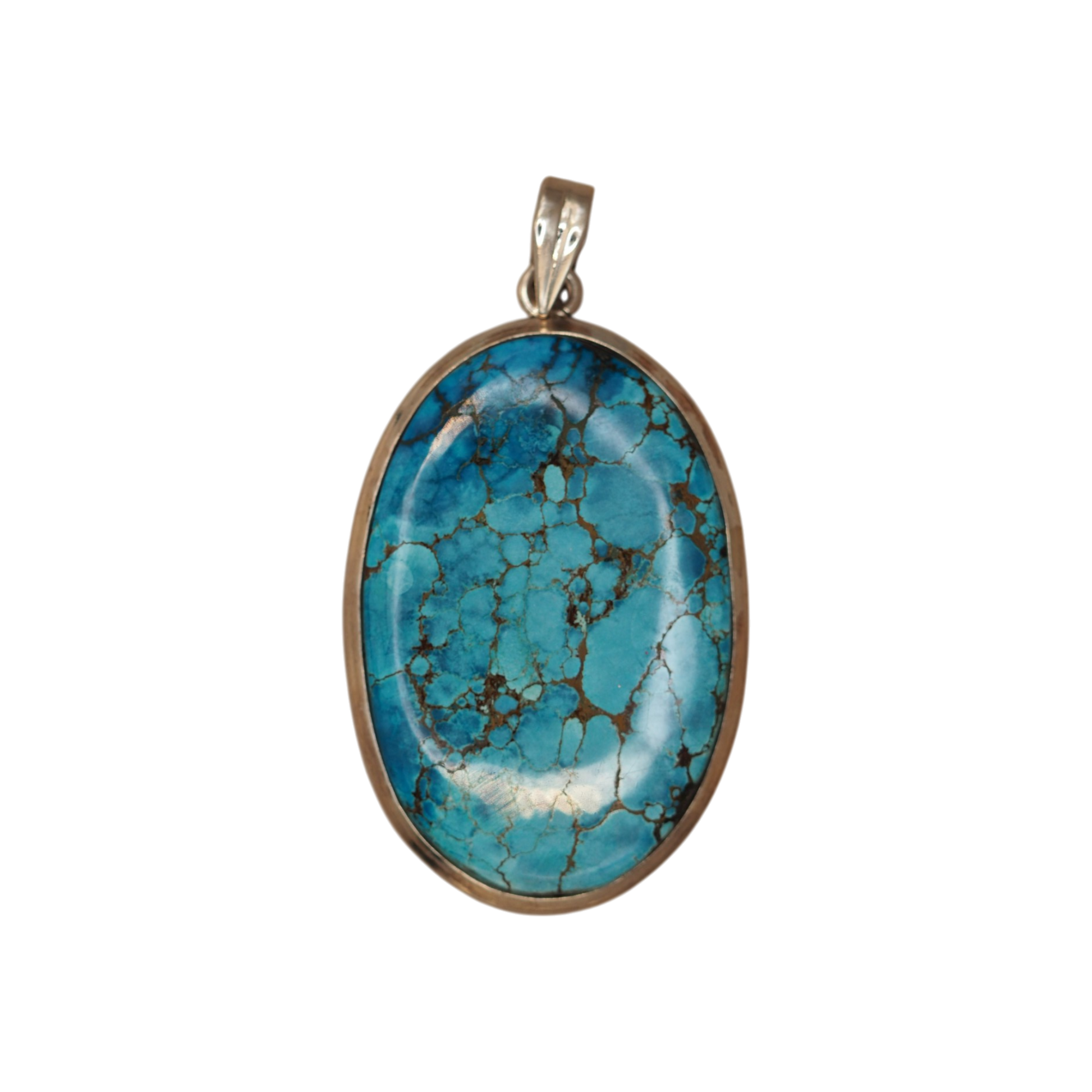 Sterling silver turquoise cabochon pendant, sky blue with a copper spiderweb matrix