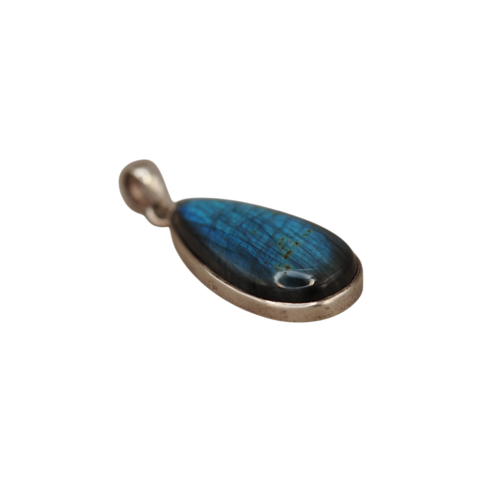 Blue flash labradorite pendant angled view in sterling silver
