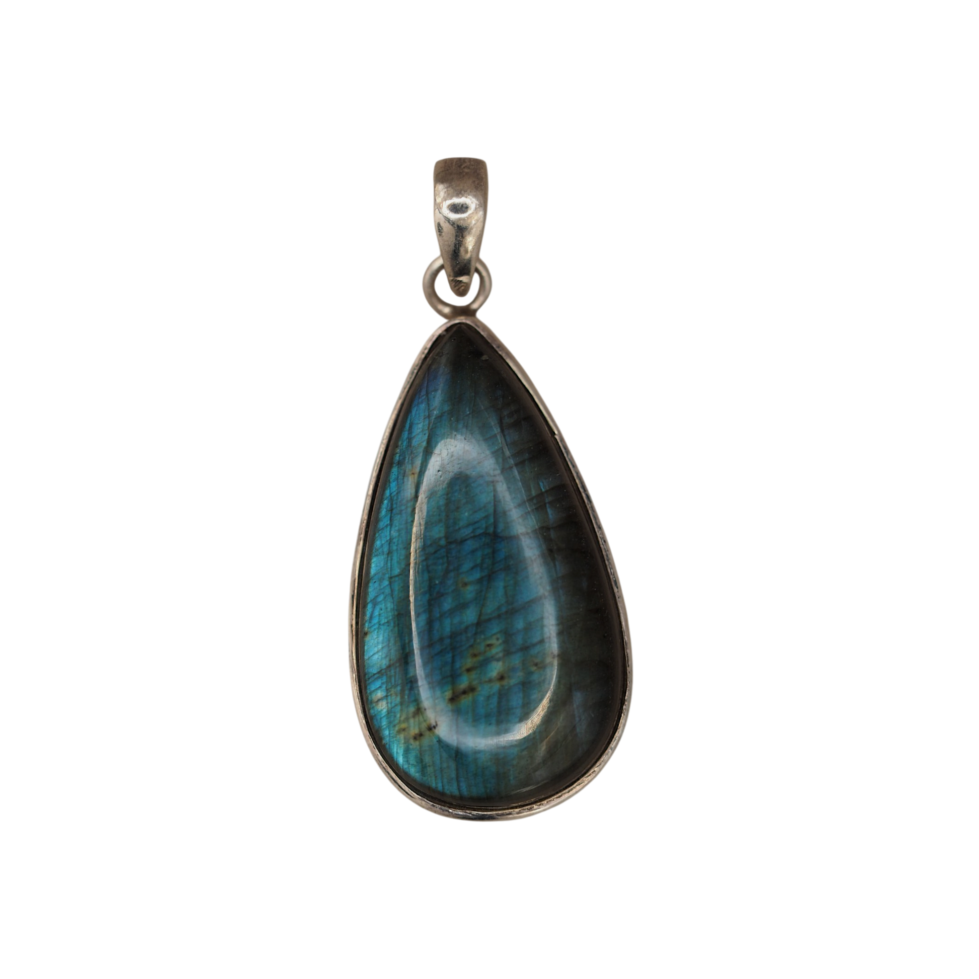 Sterling silver blue flash labradorite teardrop pendant front view
